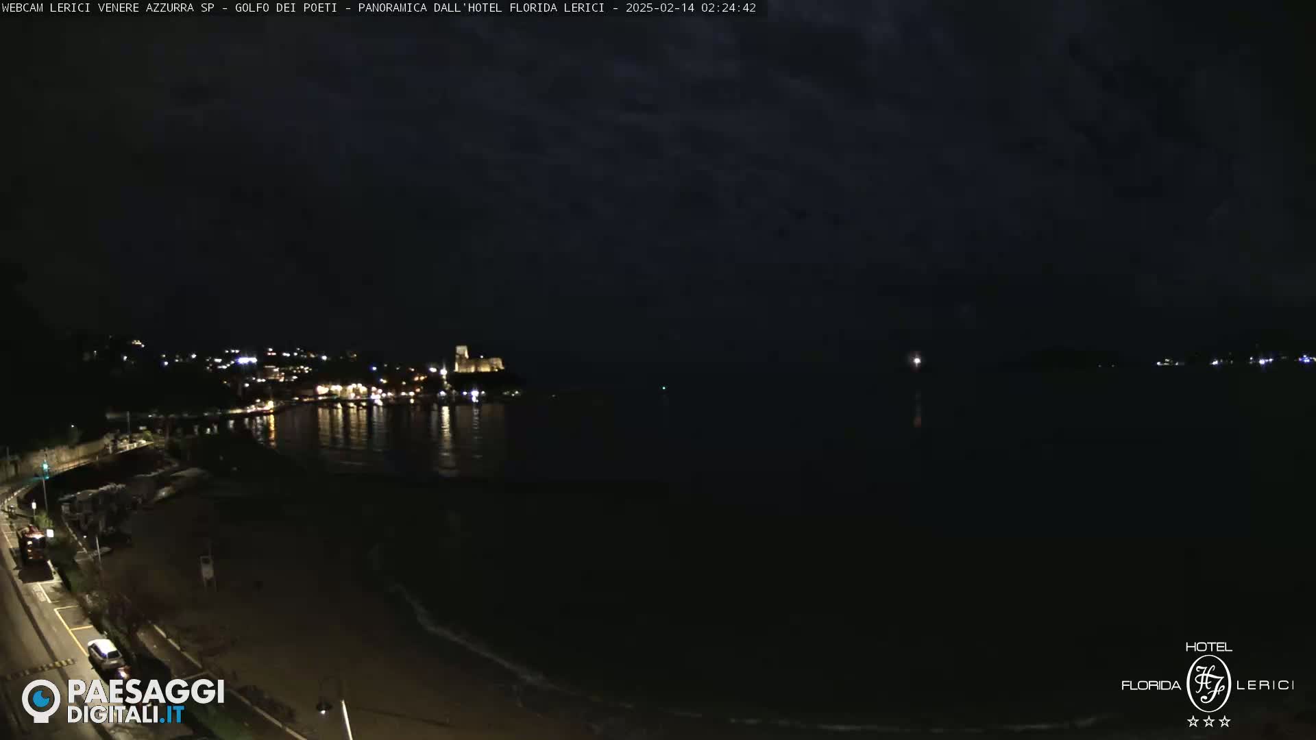 A nighttime view of a dark, calm body of water with a dimly lit town and shoreline in the background under a cloudy sky.
