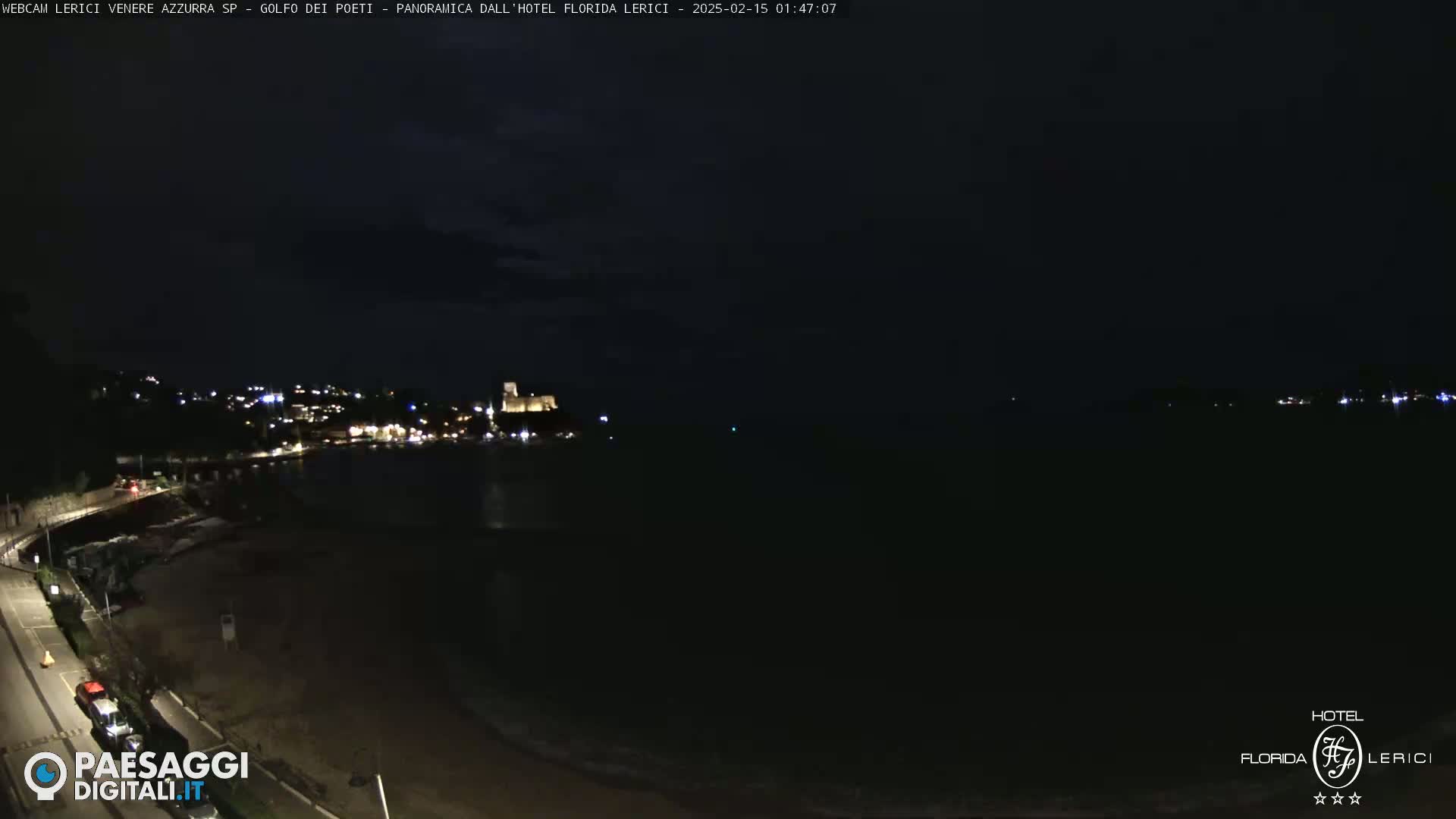 A nighttime view of a dark, calm body of water next to a dimly lit beach and town, with a castle visible in the distance.