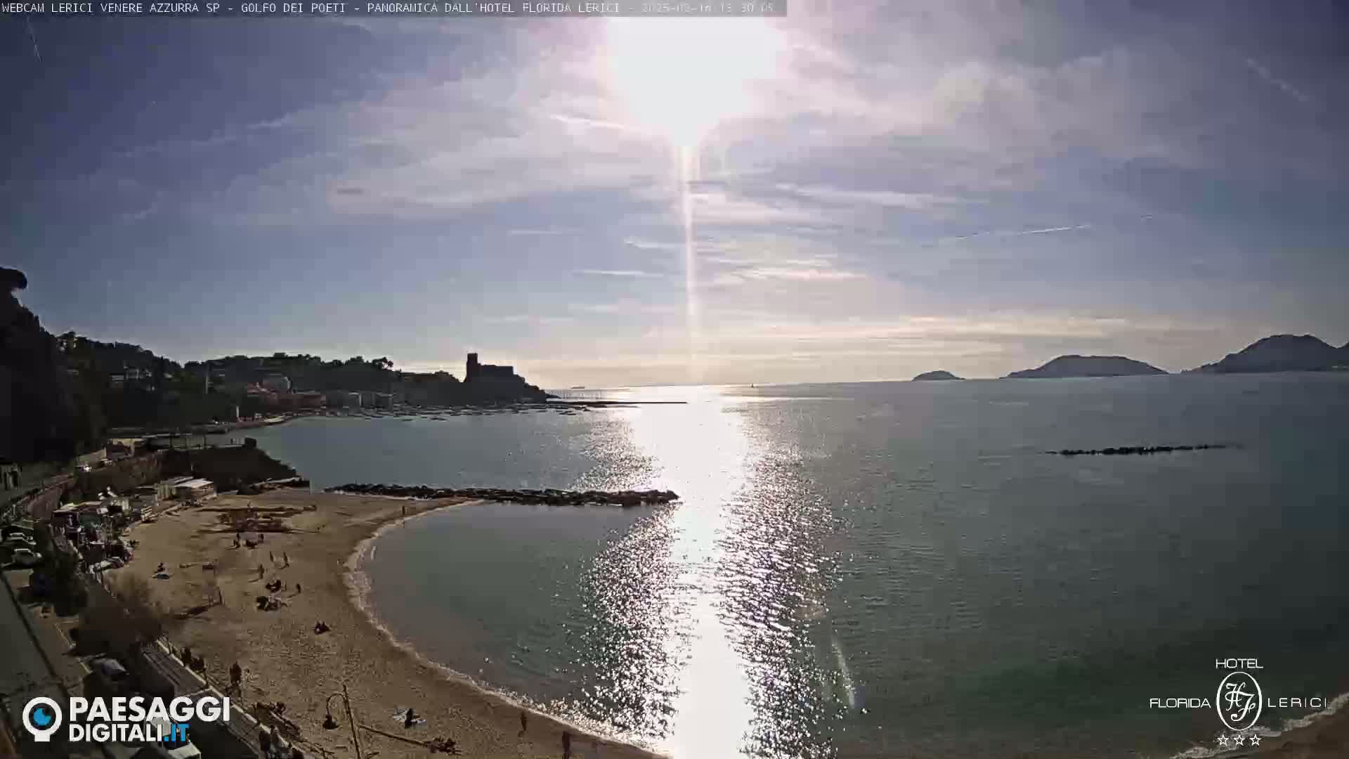A sunny day at a beach with calm, shimmering water, showing a town, a castle, and distant islands.