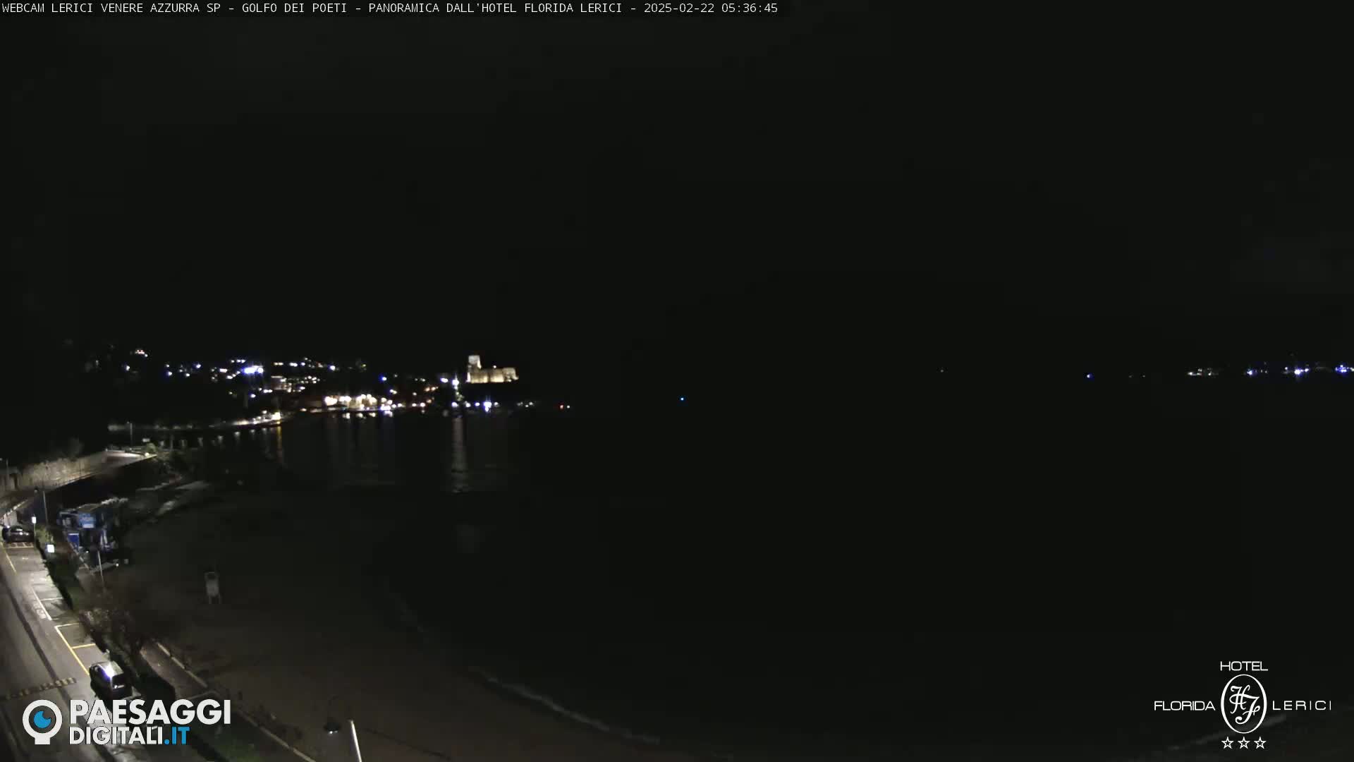 A nighttime coastal scene shows a dark body of water with dimly lit buildings and a shoreline visible in the distance under a clear, dark sky.