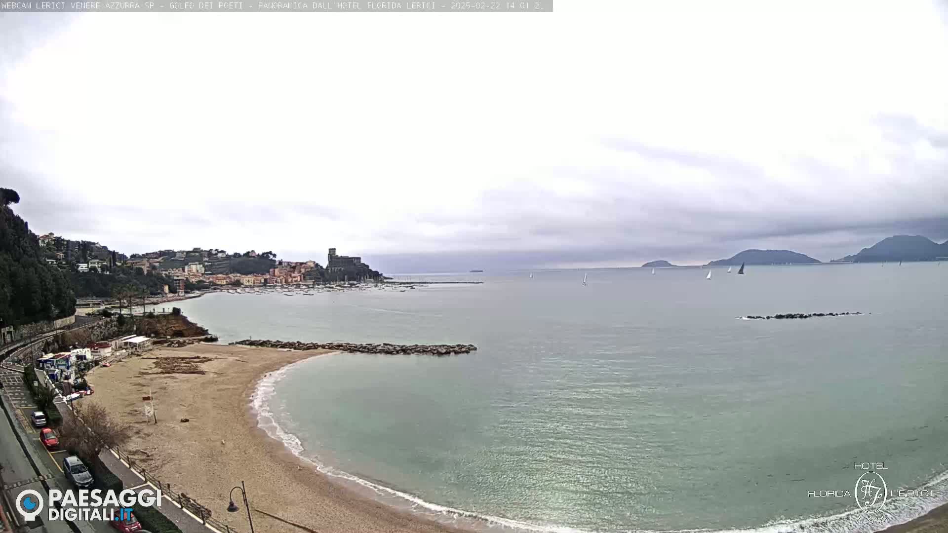 A sandy beach curves into a calm, grey-toned sea under an overcast sky, with a town and distant hills visible in the background.