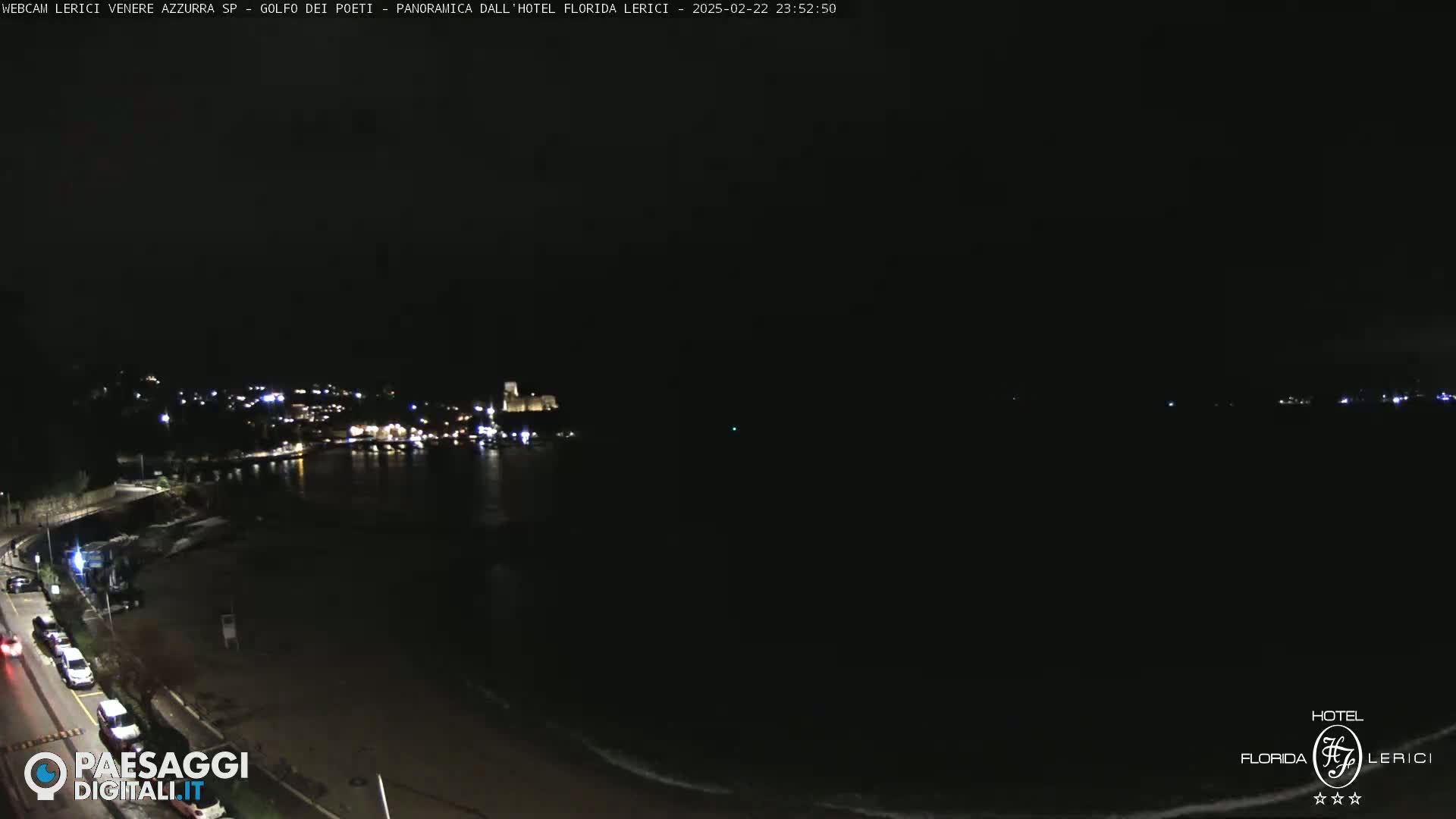 A dark nighttime view of a coastline shows a town with lights across a body of water, under a clear, dark sky.