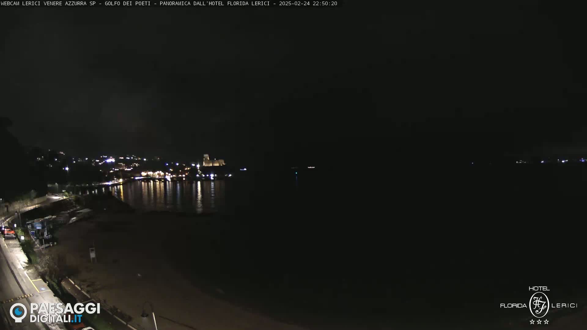 A nighttime, long-range view of a dark, calm body of water reflecting the lights of a town on the opposite shore.