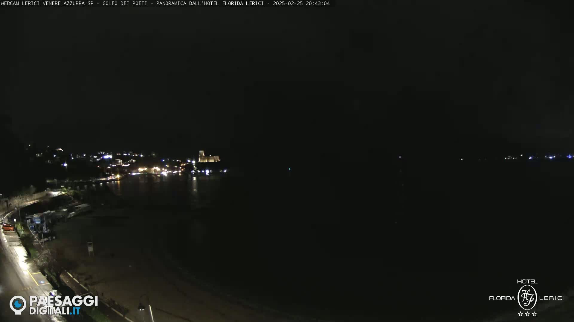 A nighttime view of a dark coastline with a few lights visible across the water, under a mostly clear sky.
