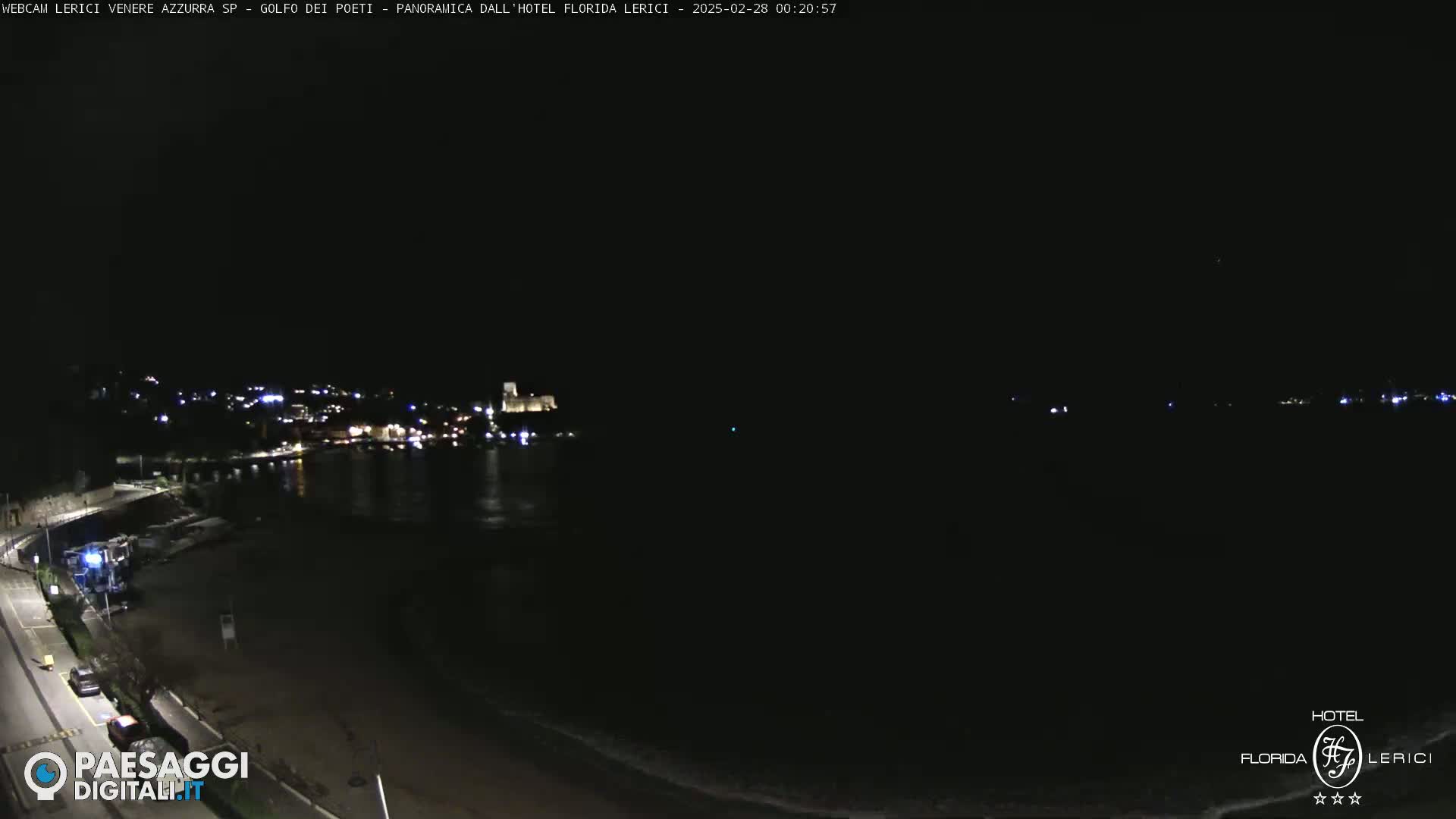 A nighttime coastal scene shows a dark beach, calm water, and a distant town with lights illuminated against a dark sky.