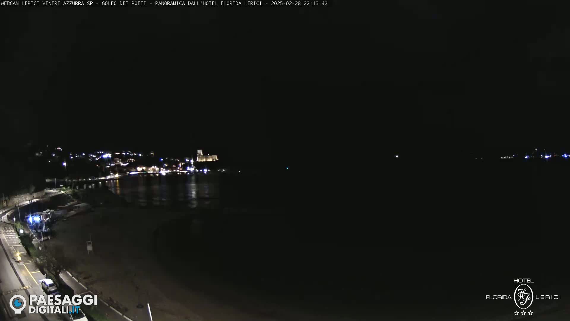 A nighttime view of a dark beach and calm water, with a town illuminated by lights in the distance.