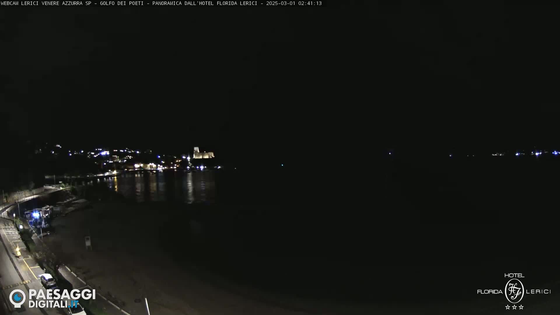 A nighttime view of a calm body of water with a town's lights visible across the water, and a beach area in the foreground.