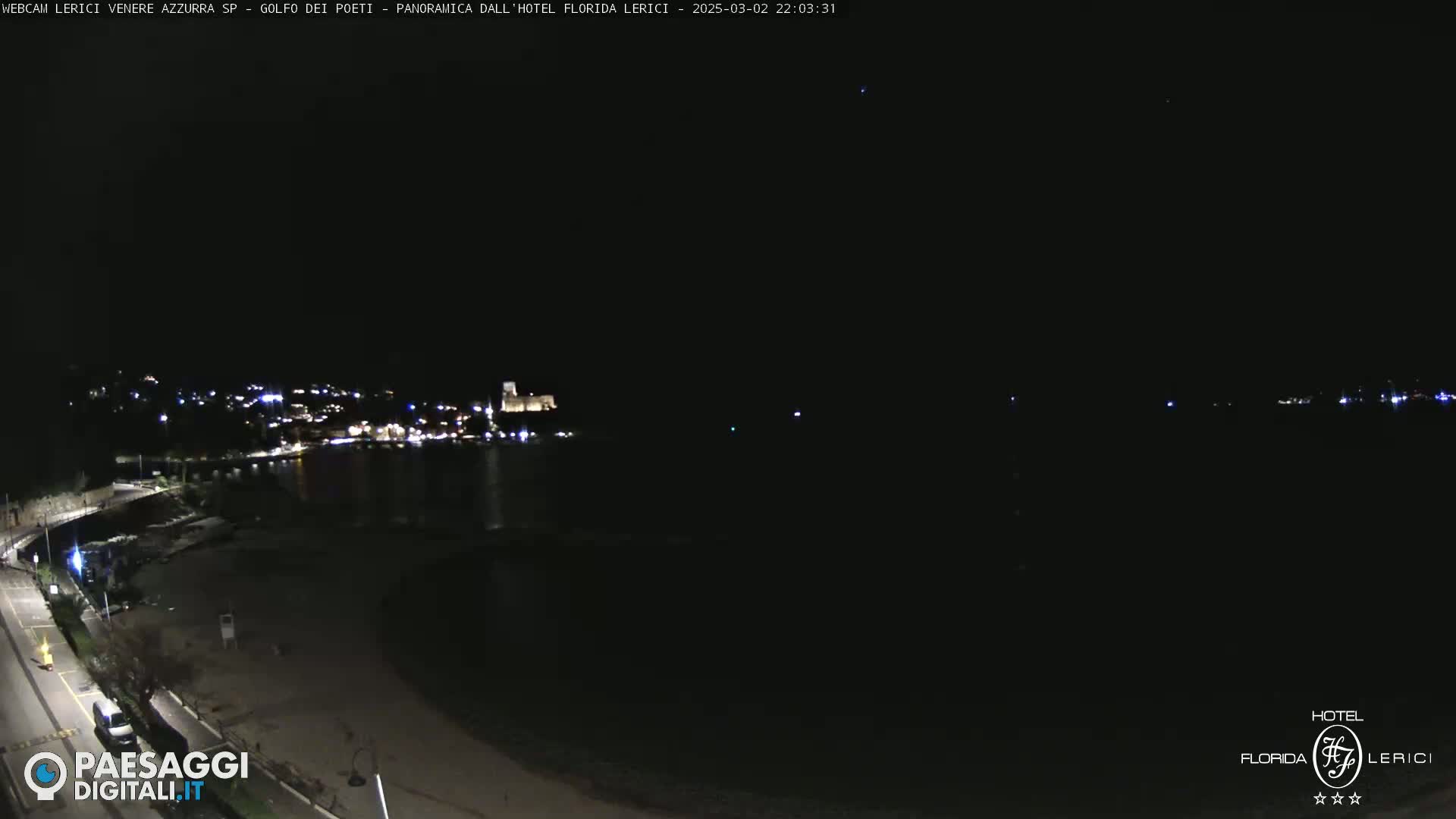 A nighttime view of a dark, calm body of water with a brightly lit town and shoreline visible in the distance.