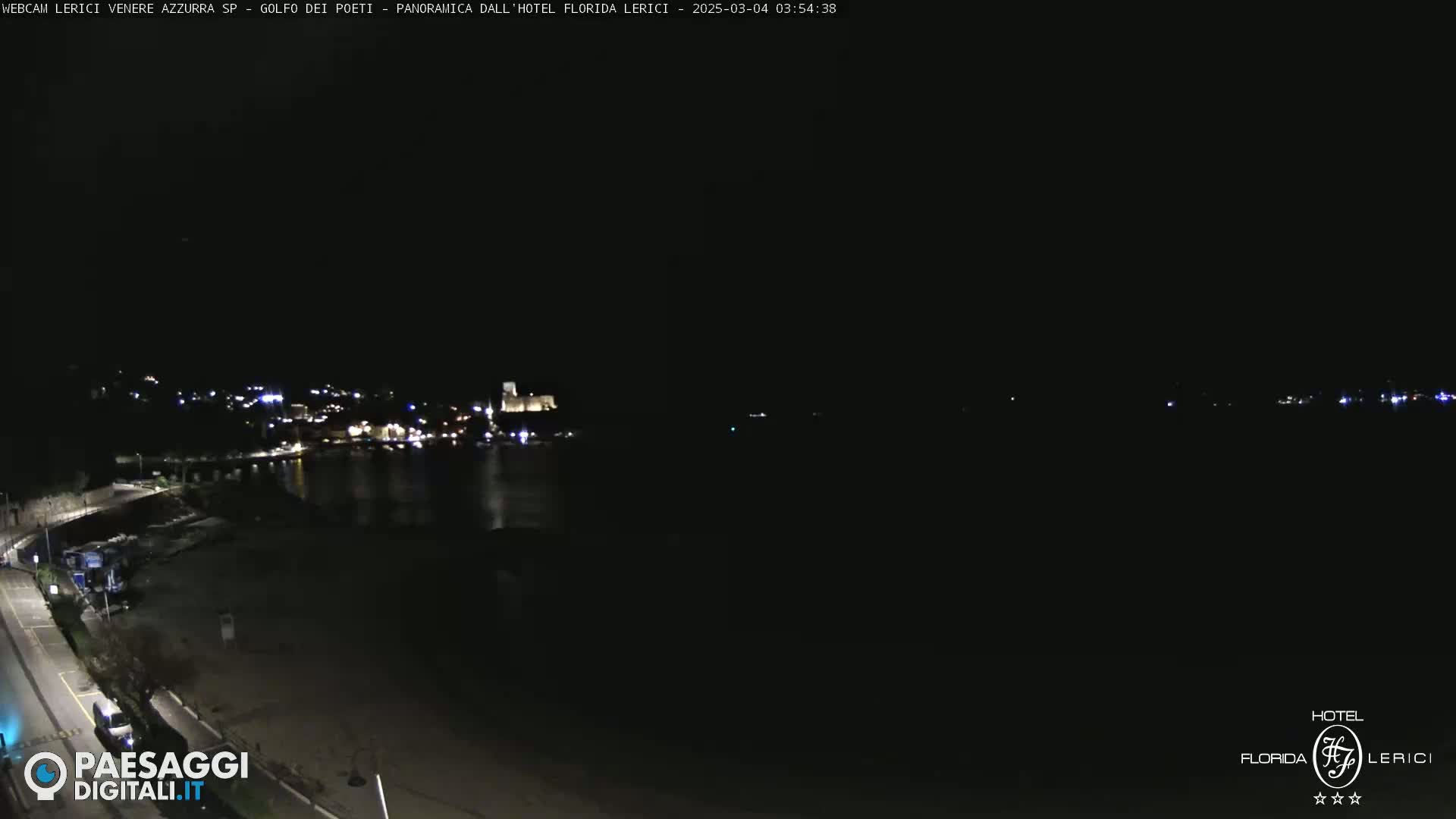 A nighttime, long shot of a dark, mostly empty beach and a town with faint lights across the water.