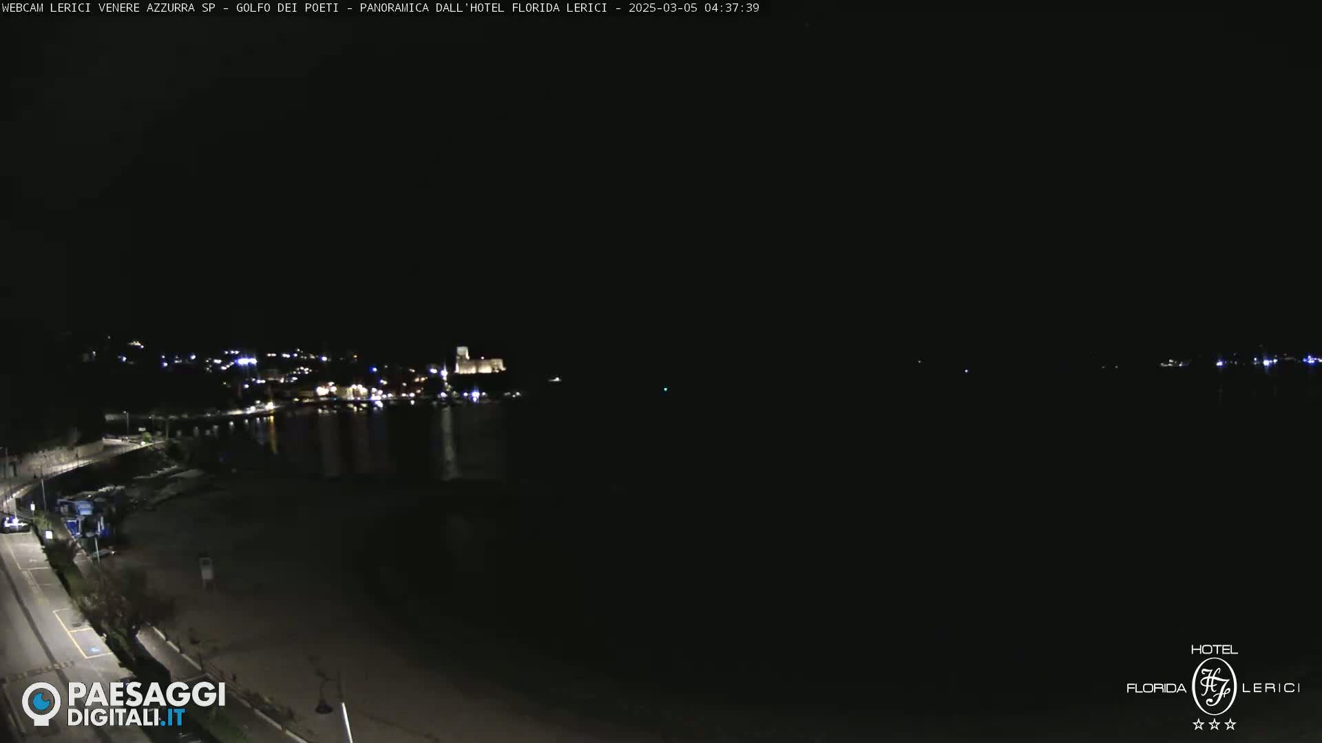 A dark nighttime view of a town's lights across a body of water, with a beach in the foreground.