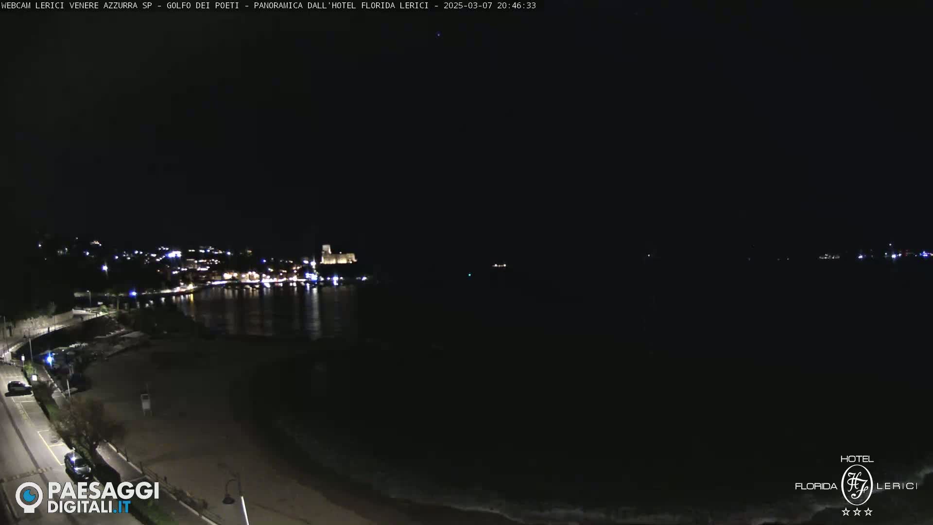 A nighttime view of a dark, calm ocean with a dimly lit town and beach visible along the shoreline.