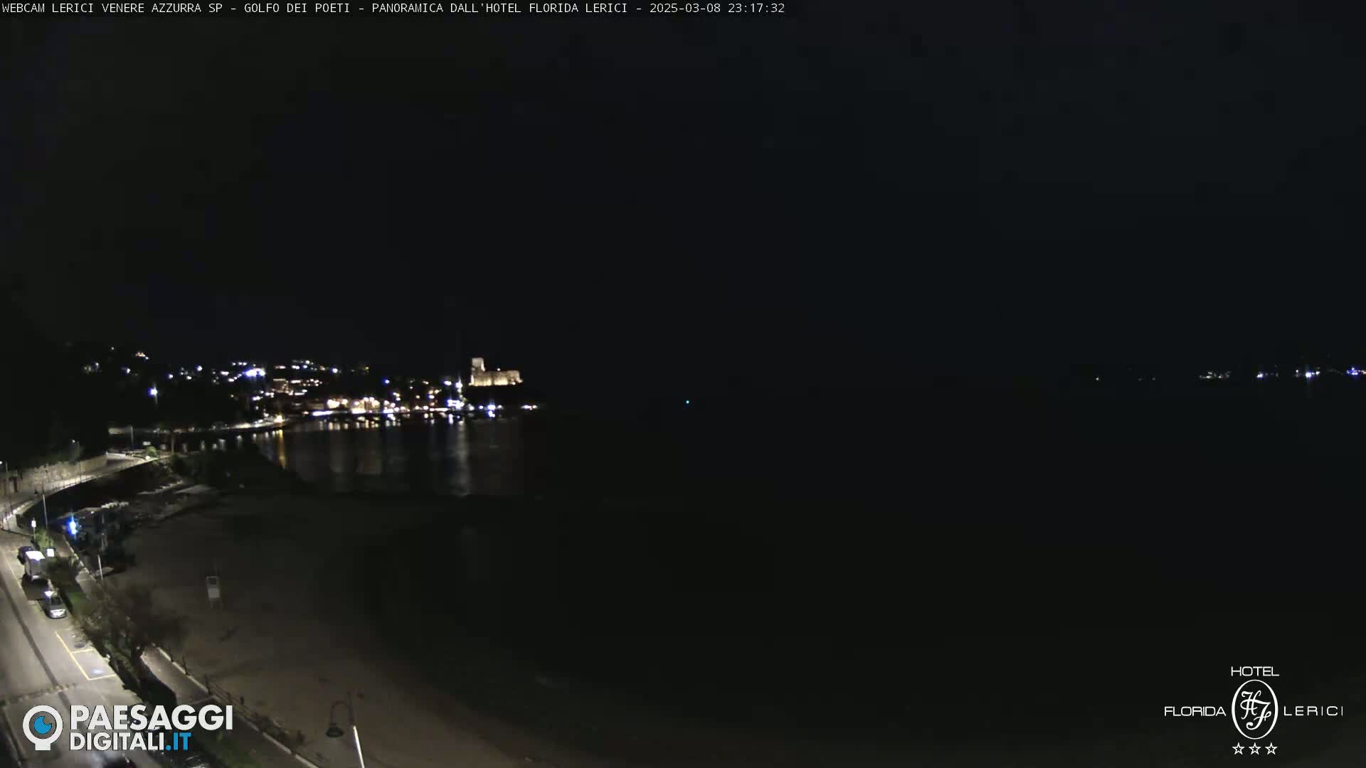 A dark nighttime view of a coastline with dimly lit buildings across a body of water, a beach, and a road.