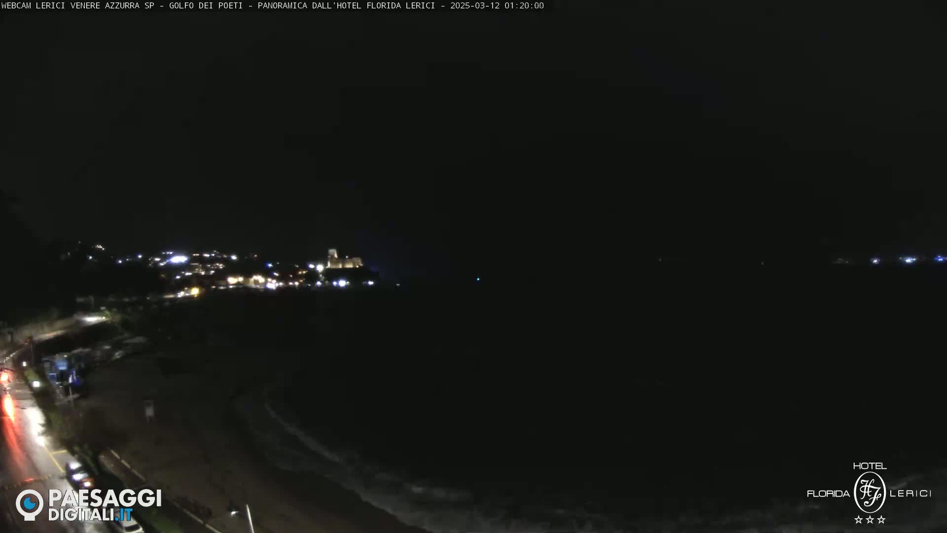 A nighttime coastal scene shows a dark ocean with small waves lapping the shore near a dimly lit town under a clear, dark sky.