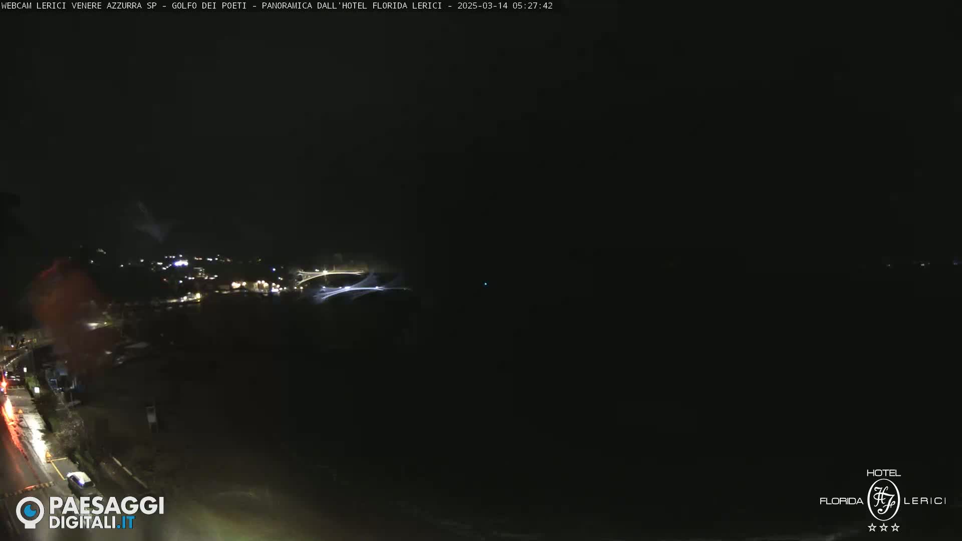 A nighttime, dark view of a town’s lights across a body of water under a cloudy sky.