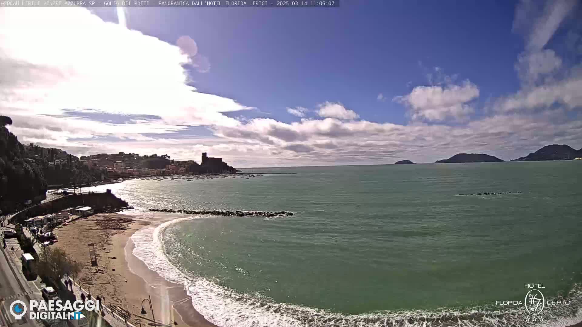 A partly cloudy day reveals a sandy beach curving along a coastline with a town and castle visible in the distance, across a calm sea dotted with boats and small islands under a mostly clear sky.
