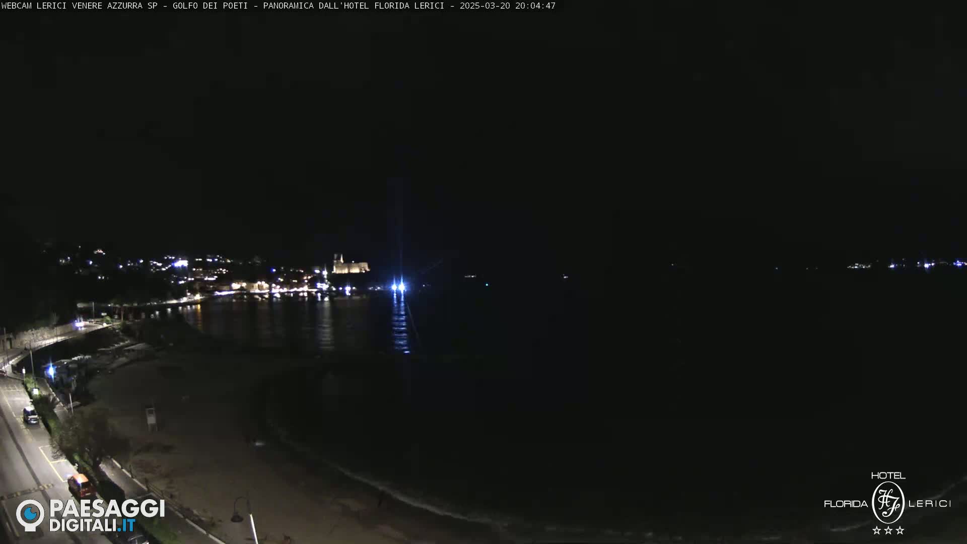 A nighttime view of a dark, calm body of water with a dimly lit town in the distance.