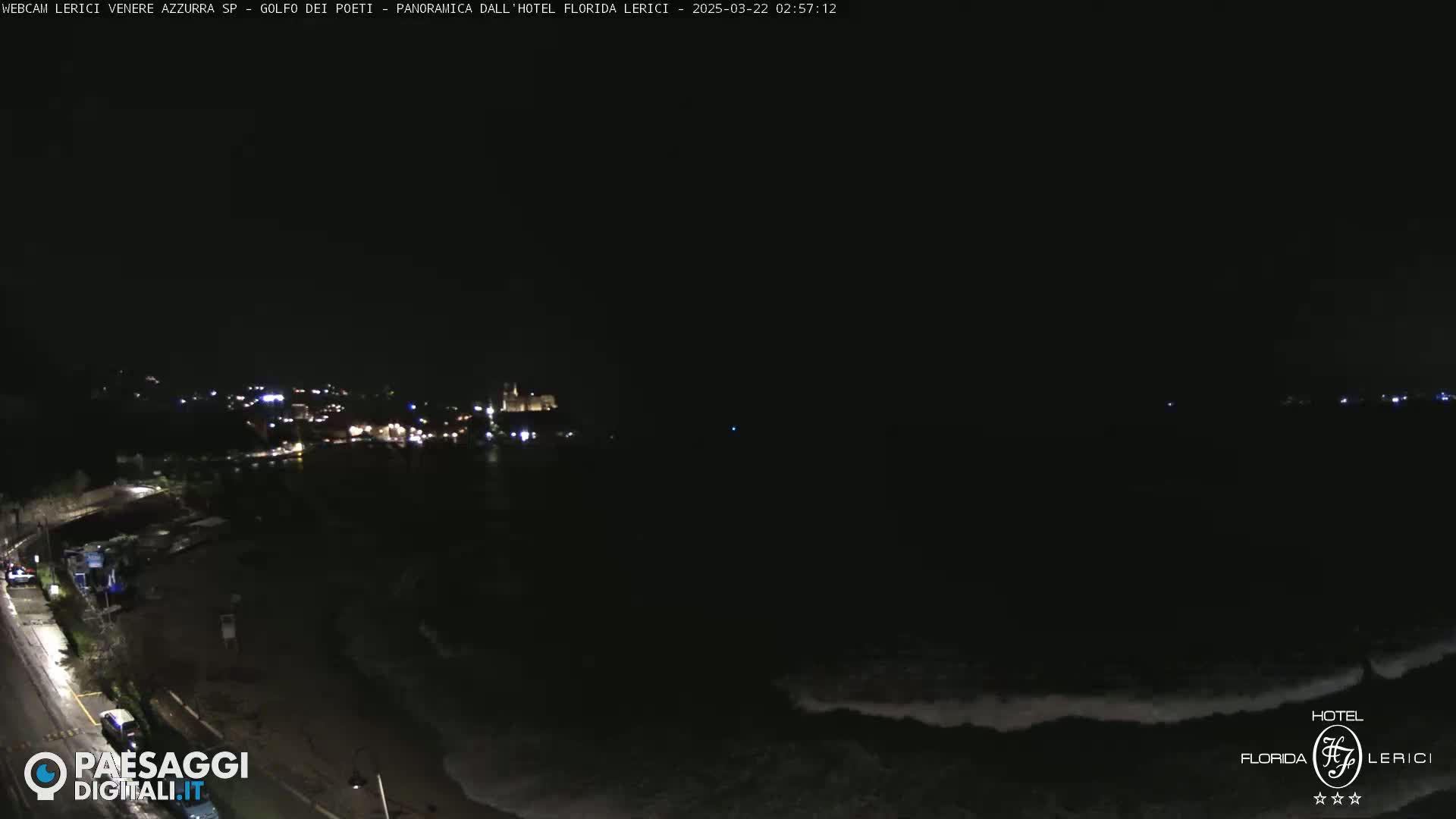 A nighttime coastal scene shows a dark ocean with small waves near a dimly lit town under a clear, dark sky.