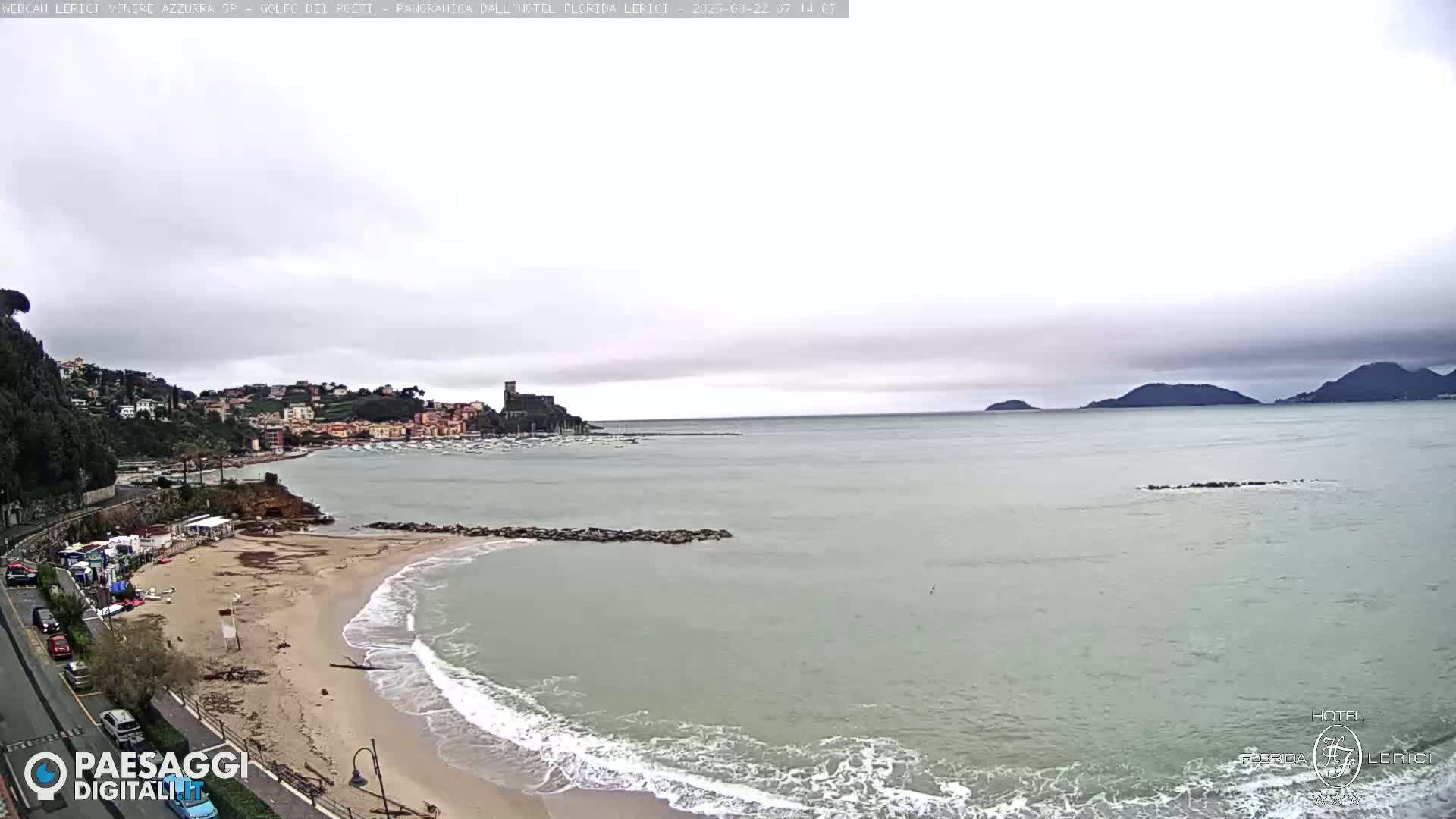 A sandy beach with gentle waves laps the shore under an overcast sky, overlooking a calm bay with a town and distant hills in the background.