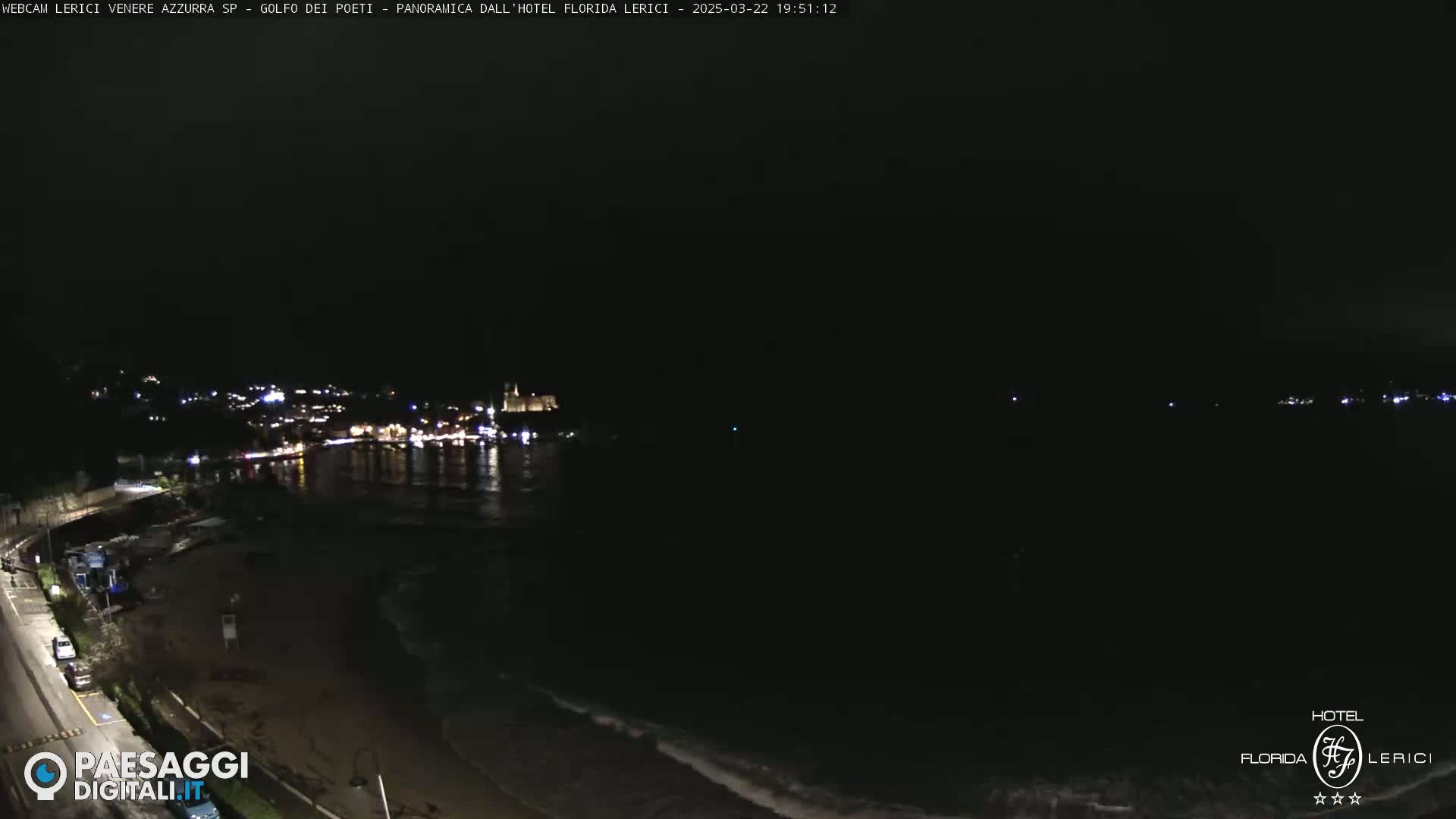 A nighttime view of a dark ocean shore with a dimly lit town in the distance, under a clear, dark sky.