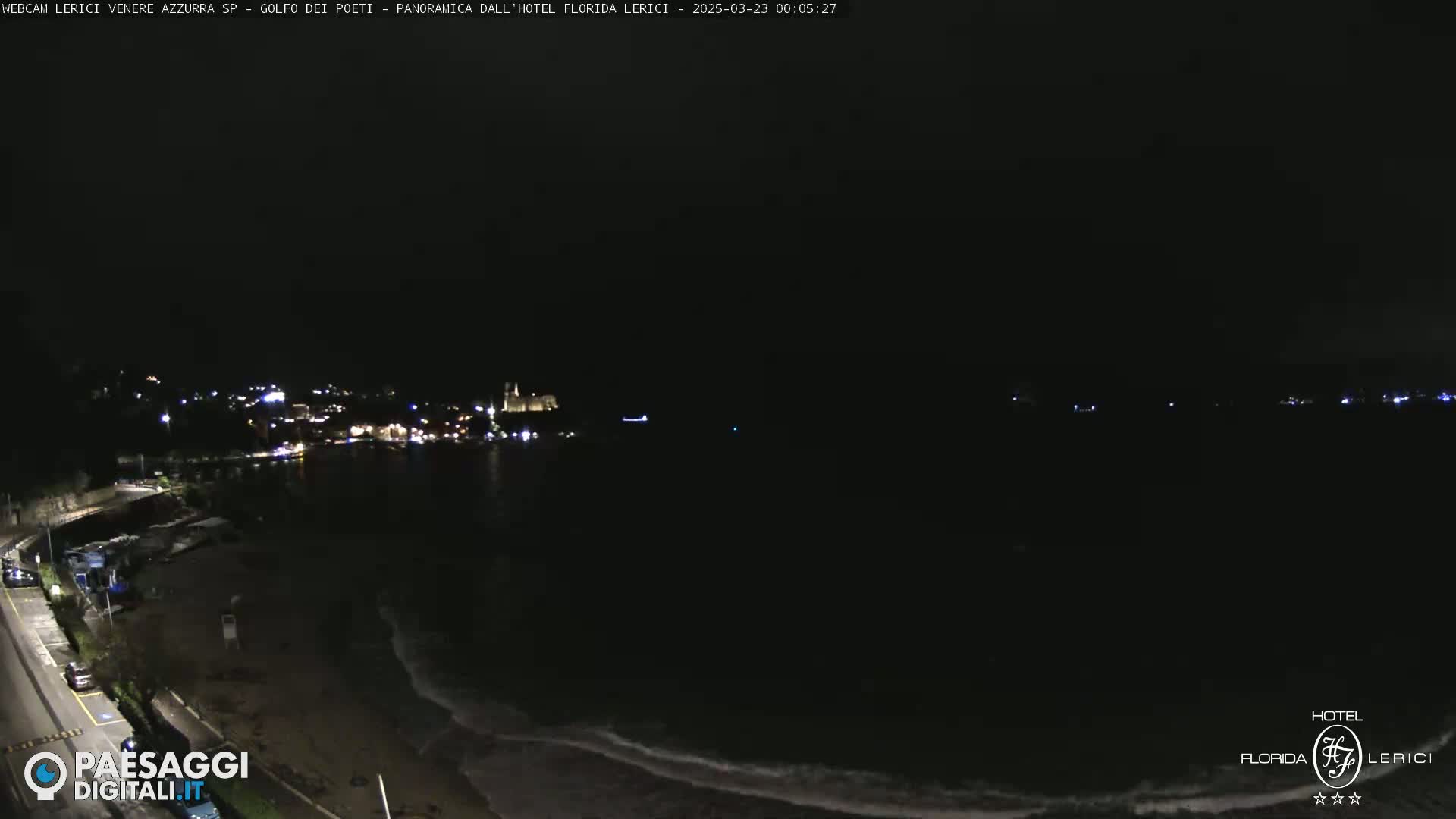 A nighttime coastal scene shows a dark ocean with small waves lapping a shore, a dimly lit town across the water, and a road visible on the near shore.