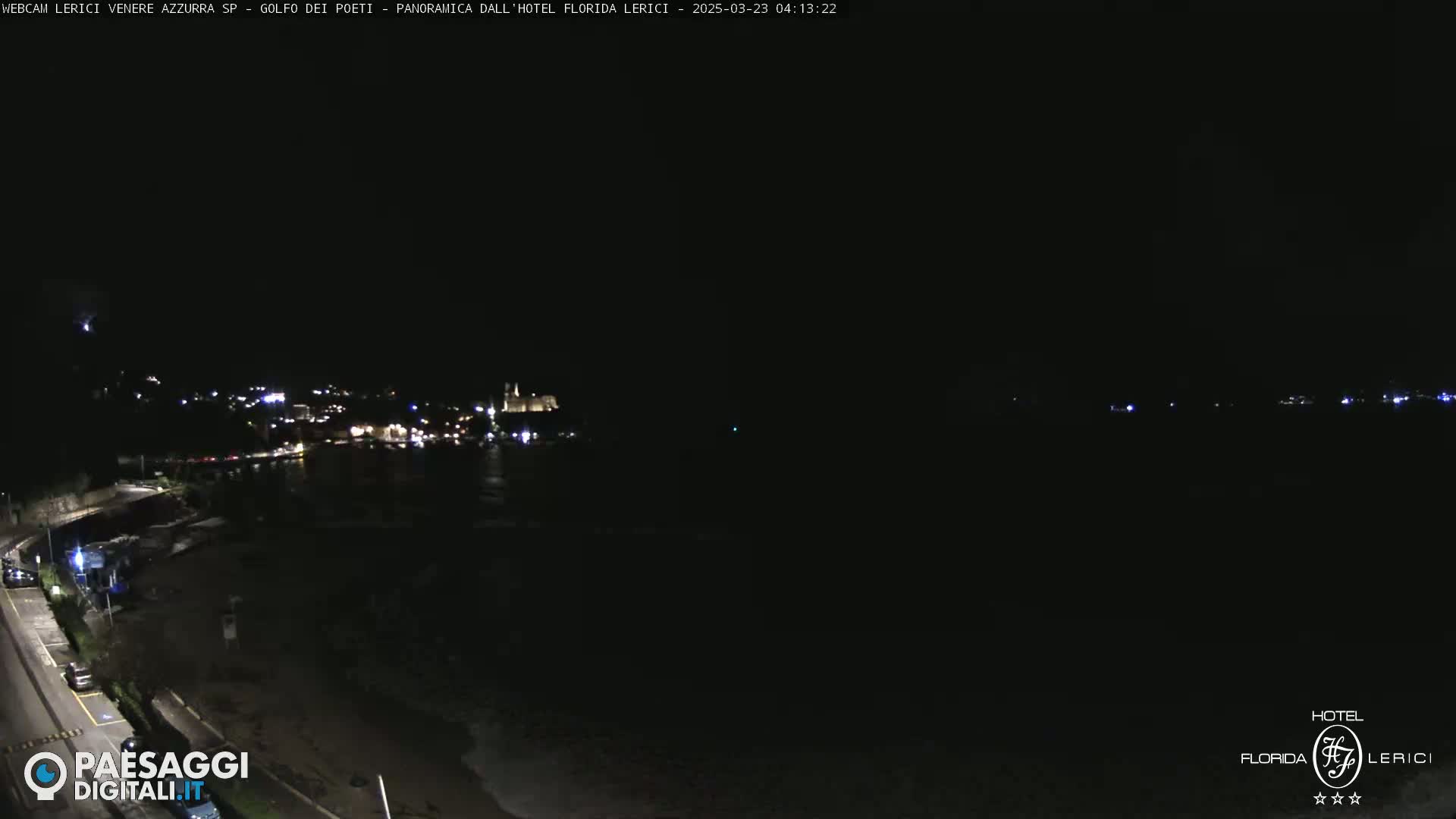 A nighttime coastal scene shows a dark body of water with a dimly lit town in the distance under a clear, dark sky.