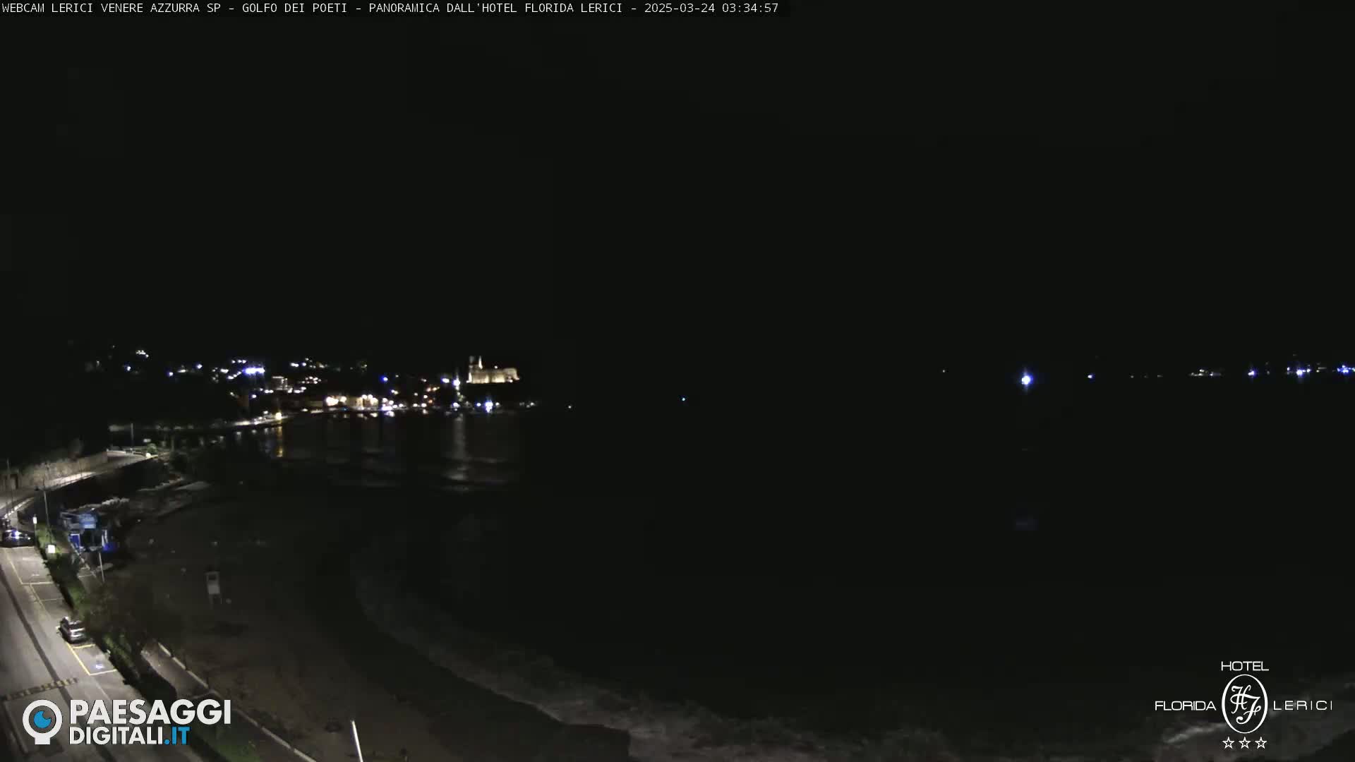A nighttime coastal scene shows a dark body of water lapping at a shoreline with a few lights visible in the distance.