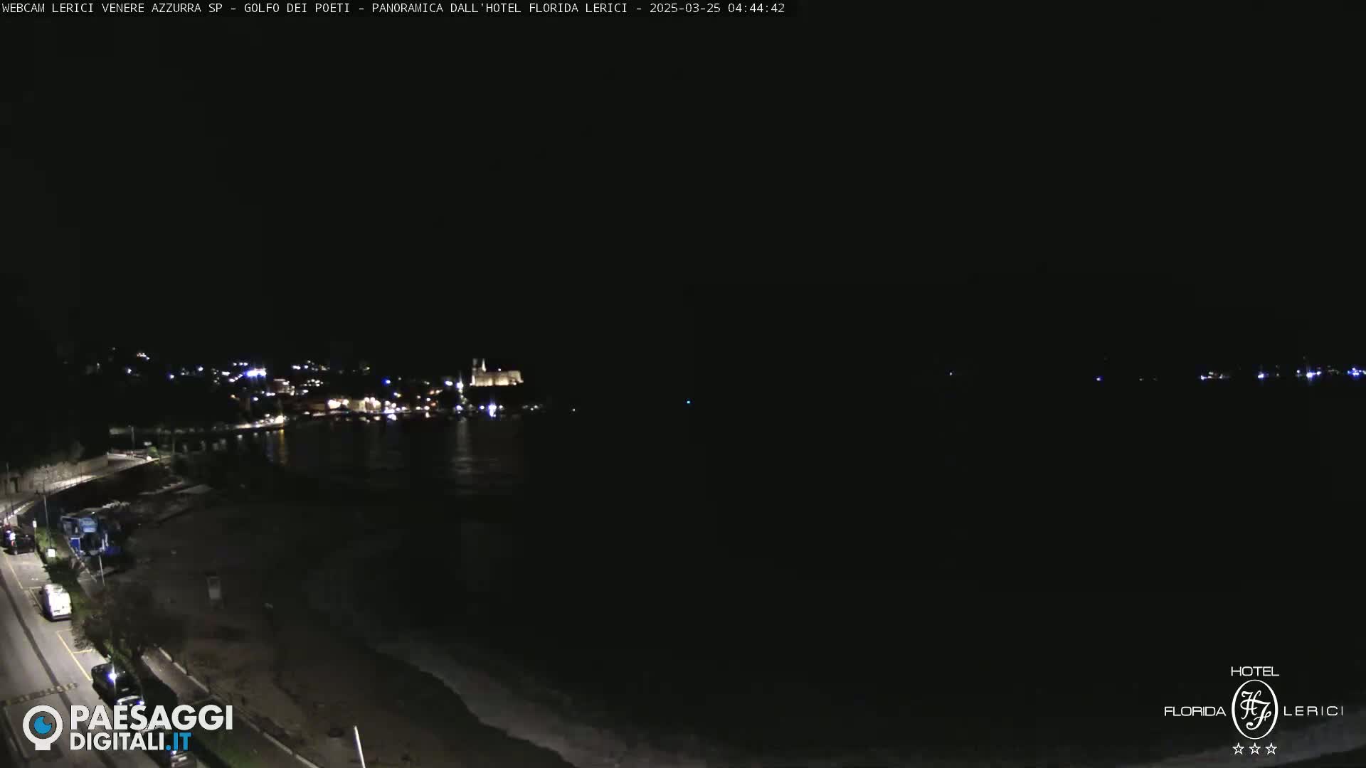 A nighttime view of a dark coastline with a town's lights visible in the distance across a dark body of water.