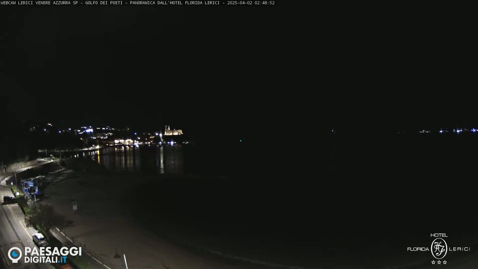 A nighttime, long shot of a dark beach and calm water, with a dimly lit town visible in the distance.