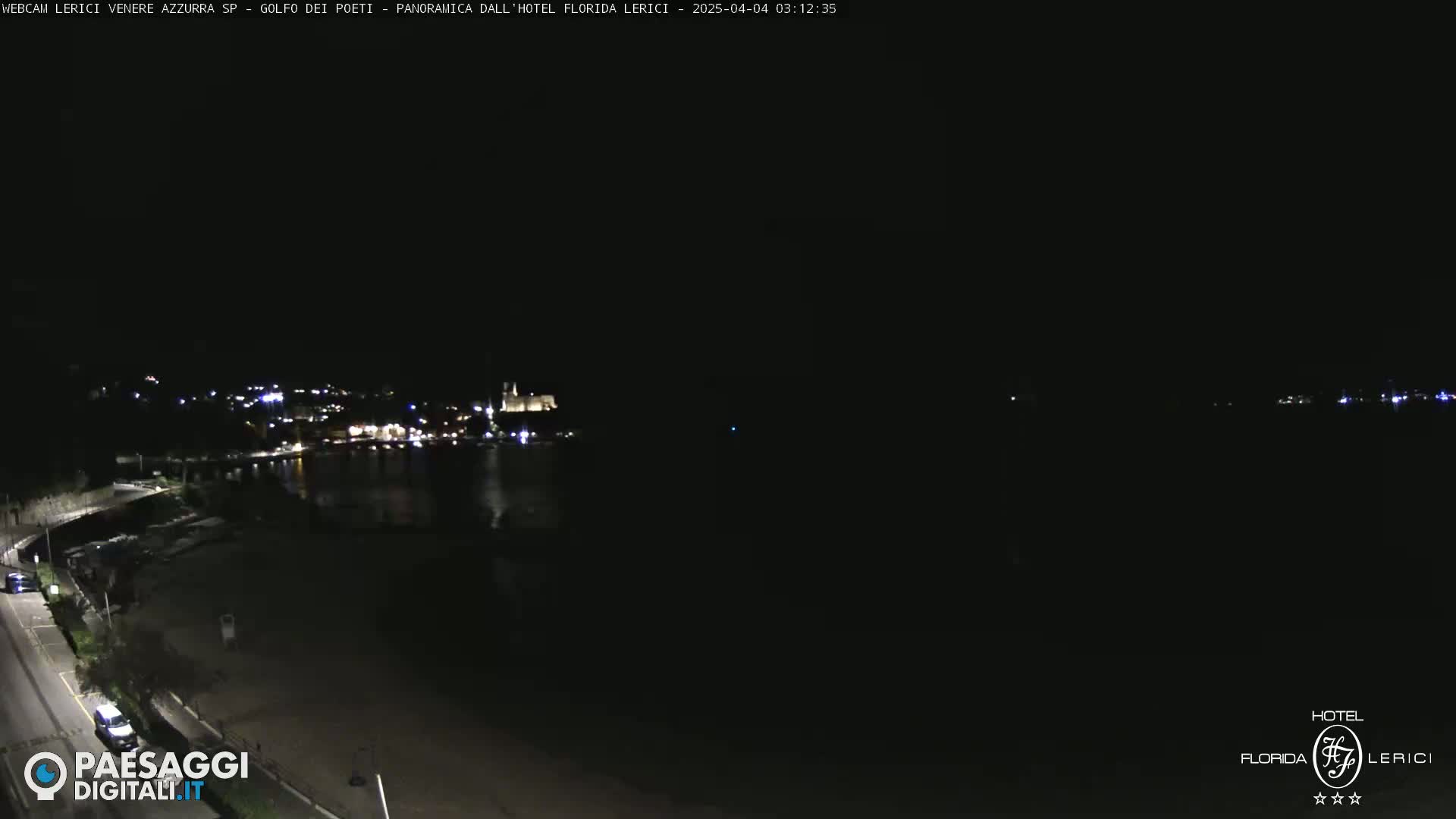 A nighttime, high-angle view of a coastal town with a dark body of water and faintly lit buildings.