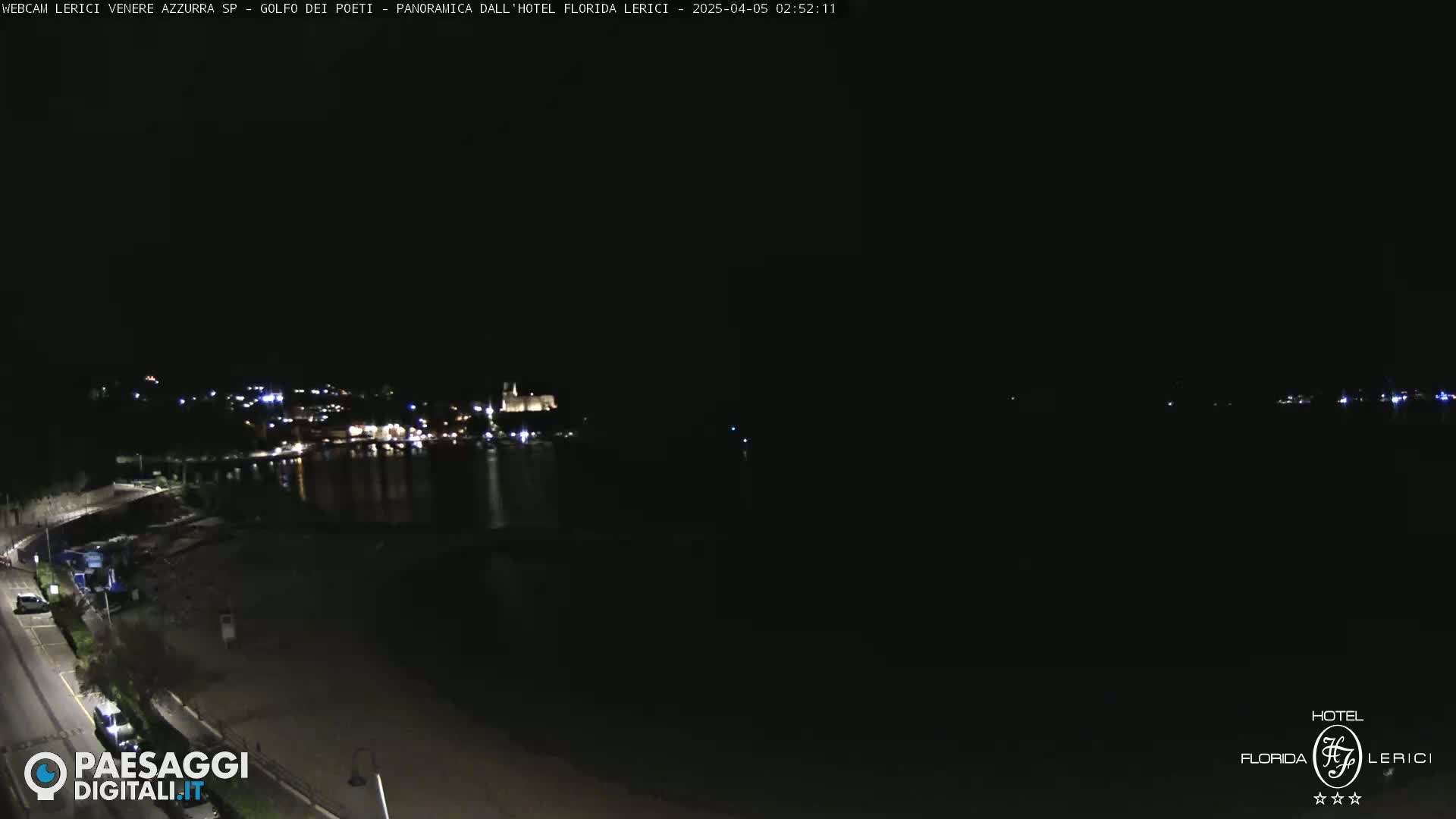 A nighttime, long shot of a dark beach and calm body of water with a dimly lit town in the background.