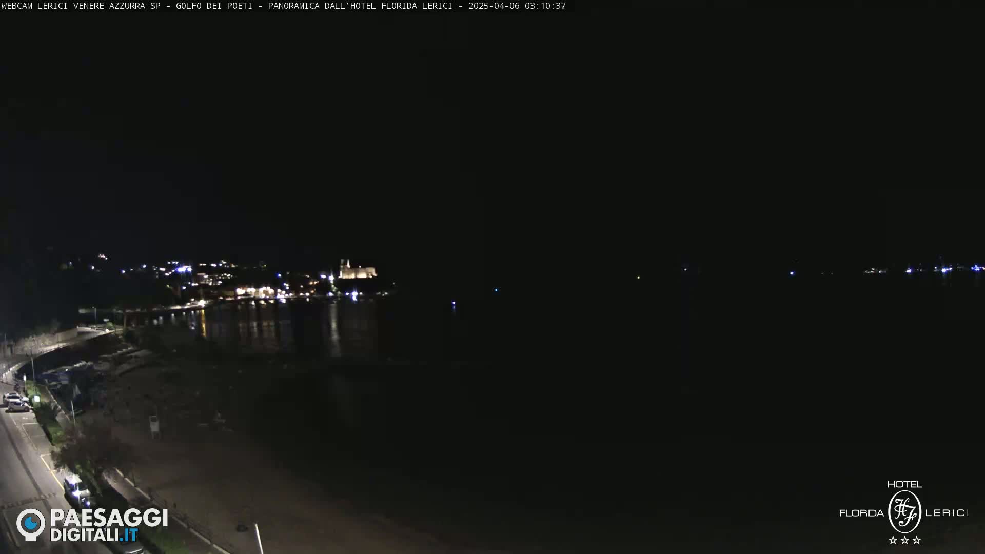 A nighttime view of a dark body of water with a dimly lit town across it.