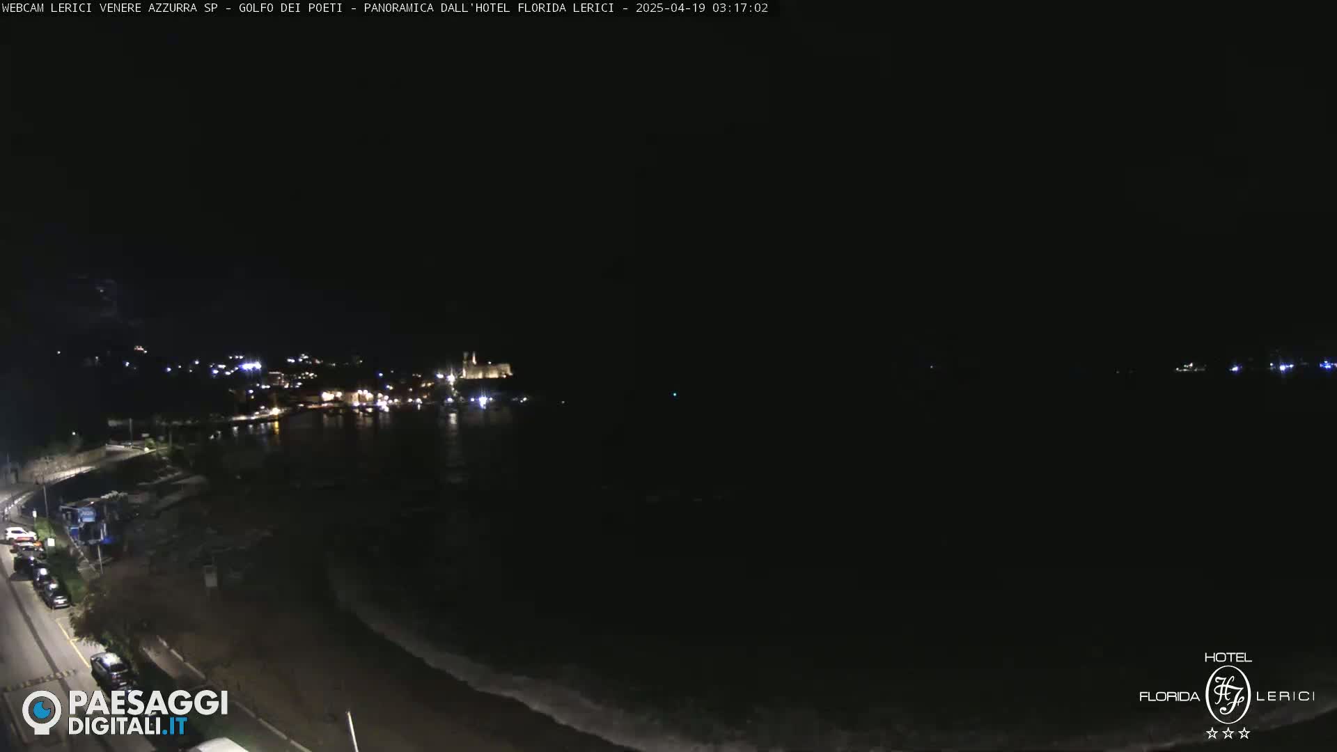 A nighttime coastal view shows a dark body of water with a dimly lit town in the distance under a clear, dark sky.