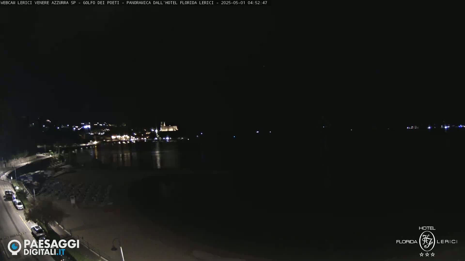 A nighttime view of a dark, calm body of water with faintly lit buildings and a shoreline visible in the distance.