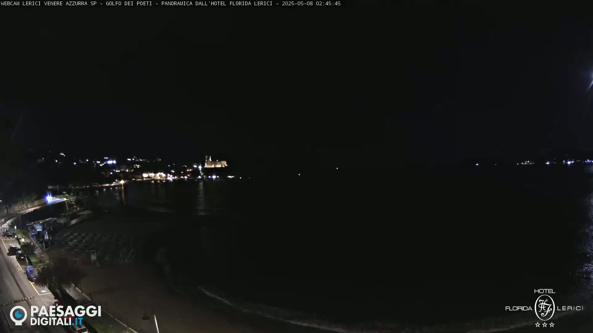 A nighttime view of a dark, calm body of water next to a dimly lit town with parked cars along a road.