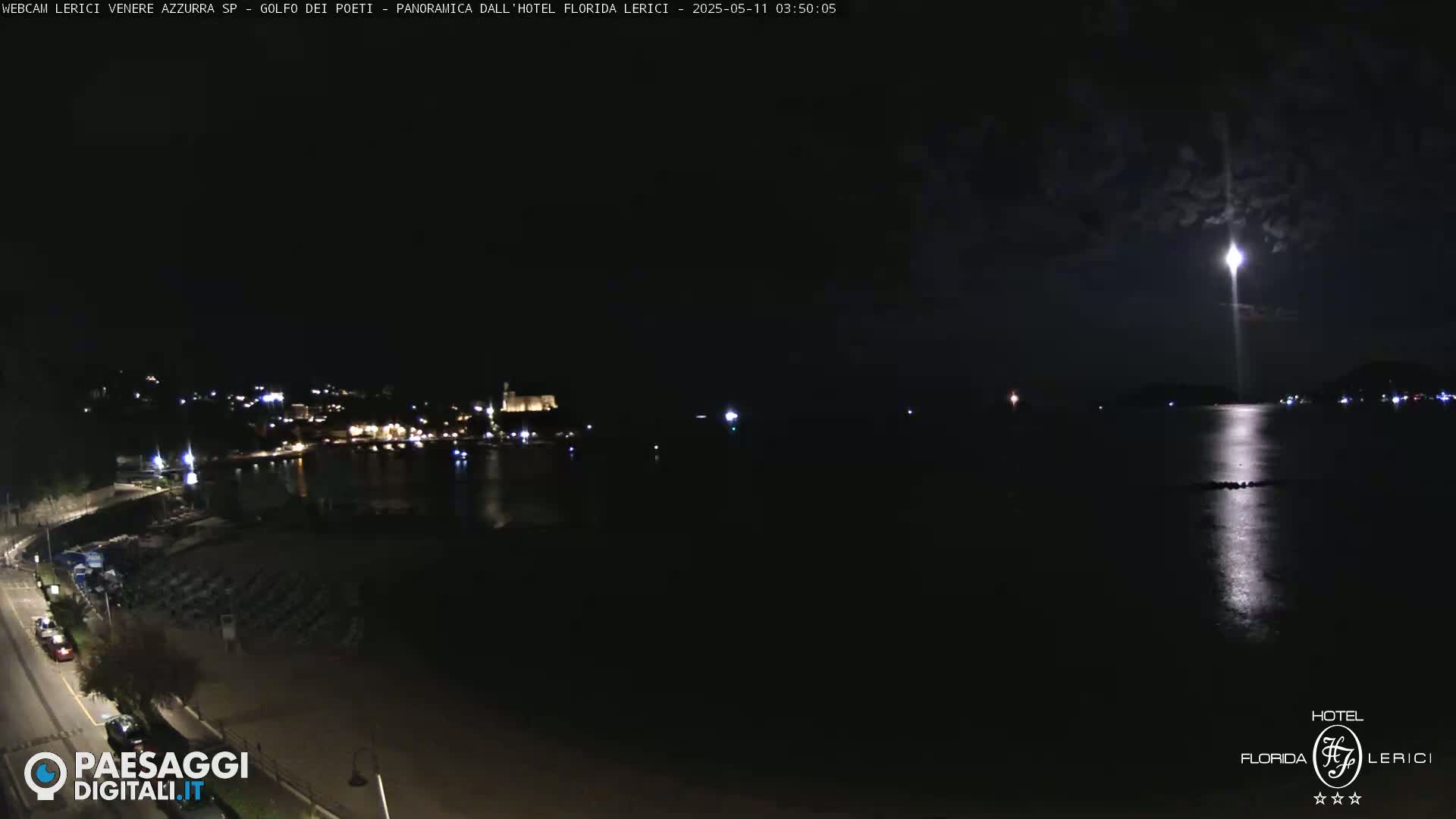 A nighttime view of a calm body of water with a town's lights visible across the water under a partly cloudy moonlit sky.