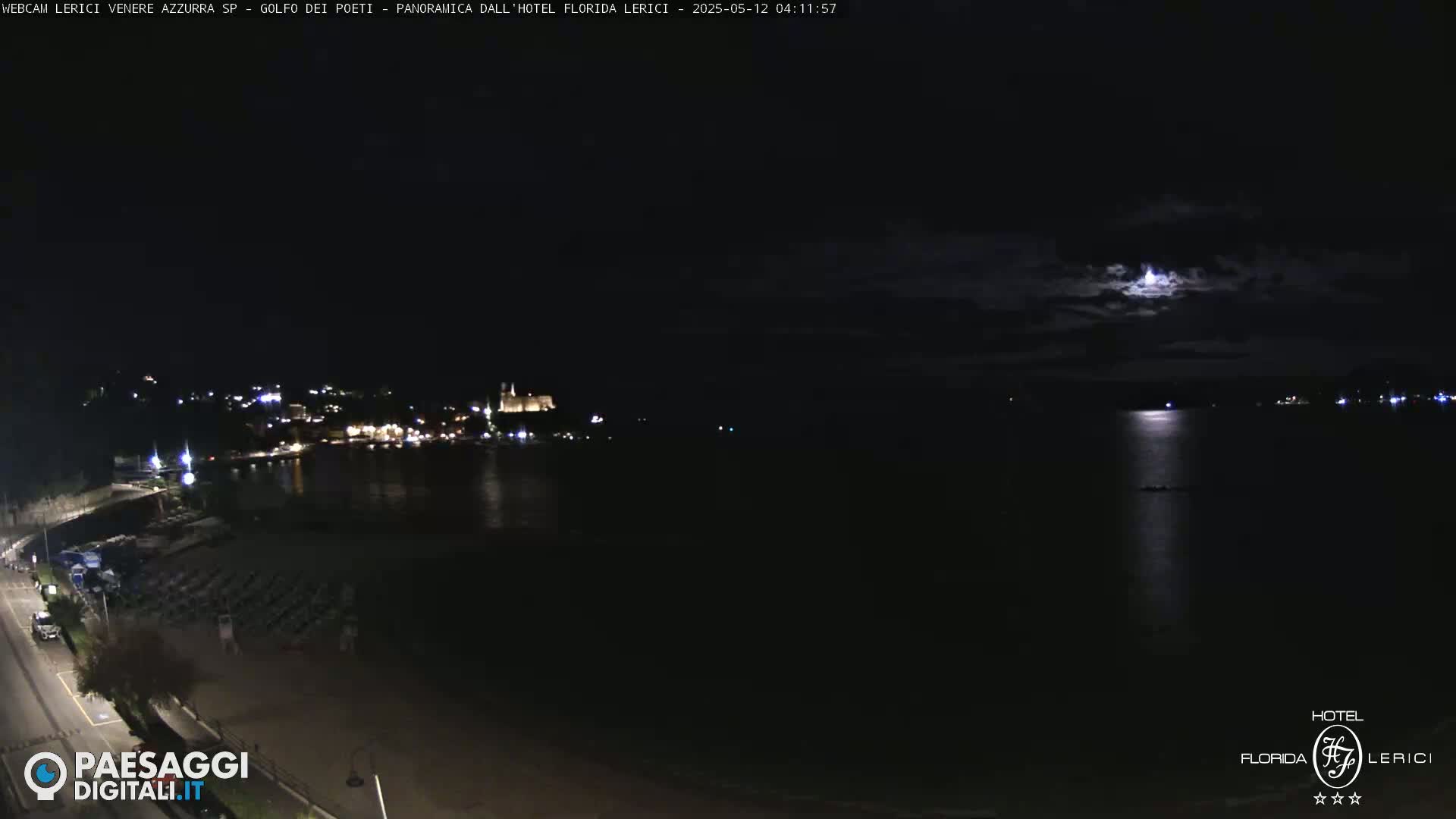 A nighttime coastal scene shows a moonlit body of water reflecting light, with a dark shoreline and faintly lit buildings in the distance under a partly cloudy sky.