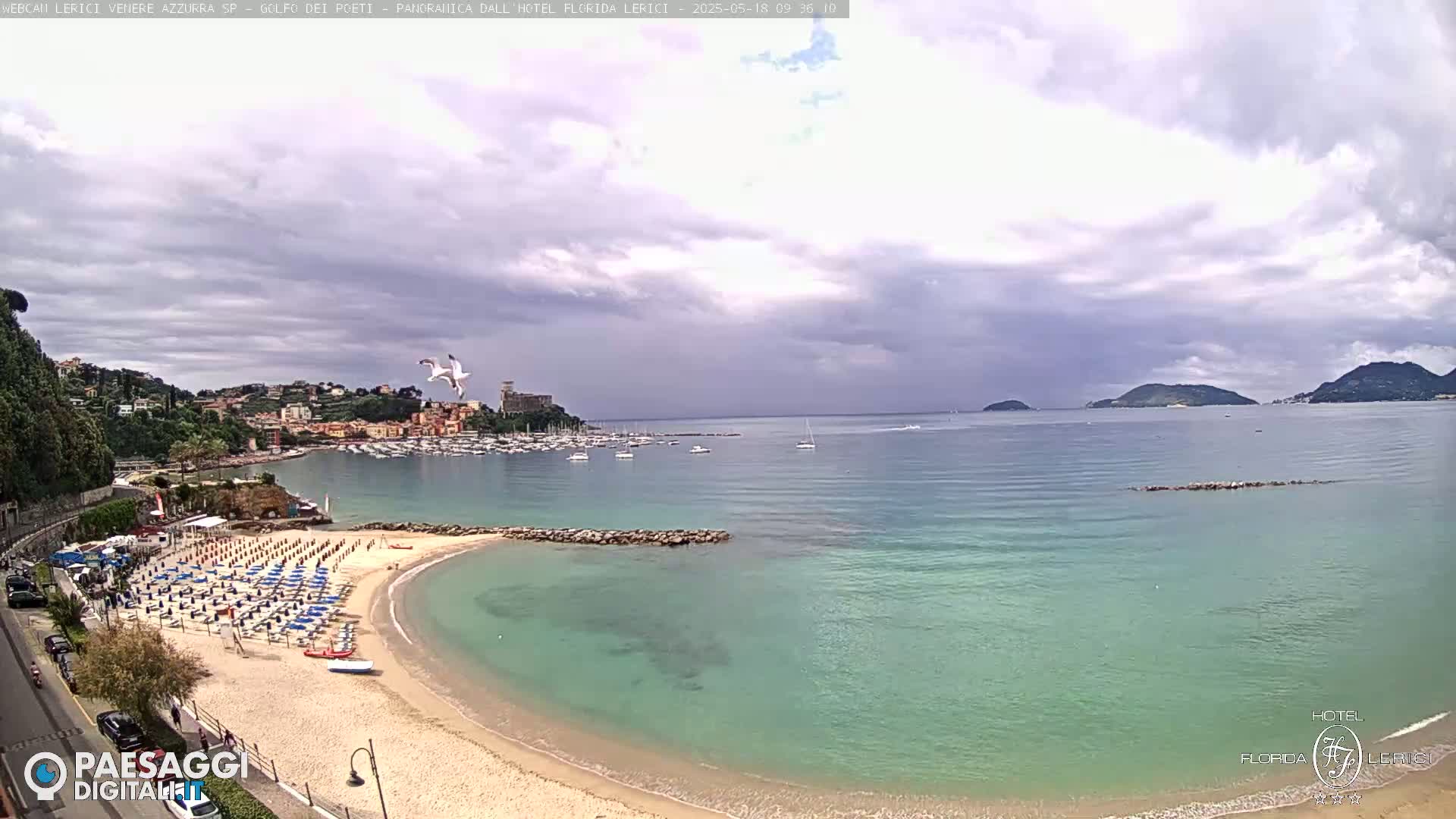 A sandy beach with rows of beach umbrellas is situated next to a calm, clear turquoise sea, under a mostly cloudy sky.