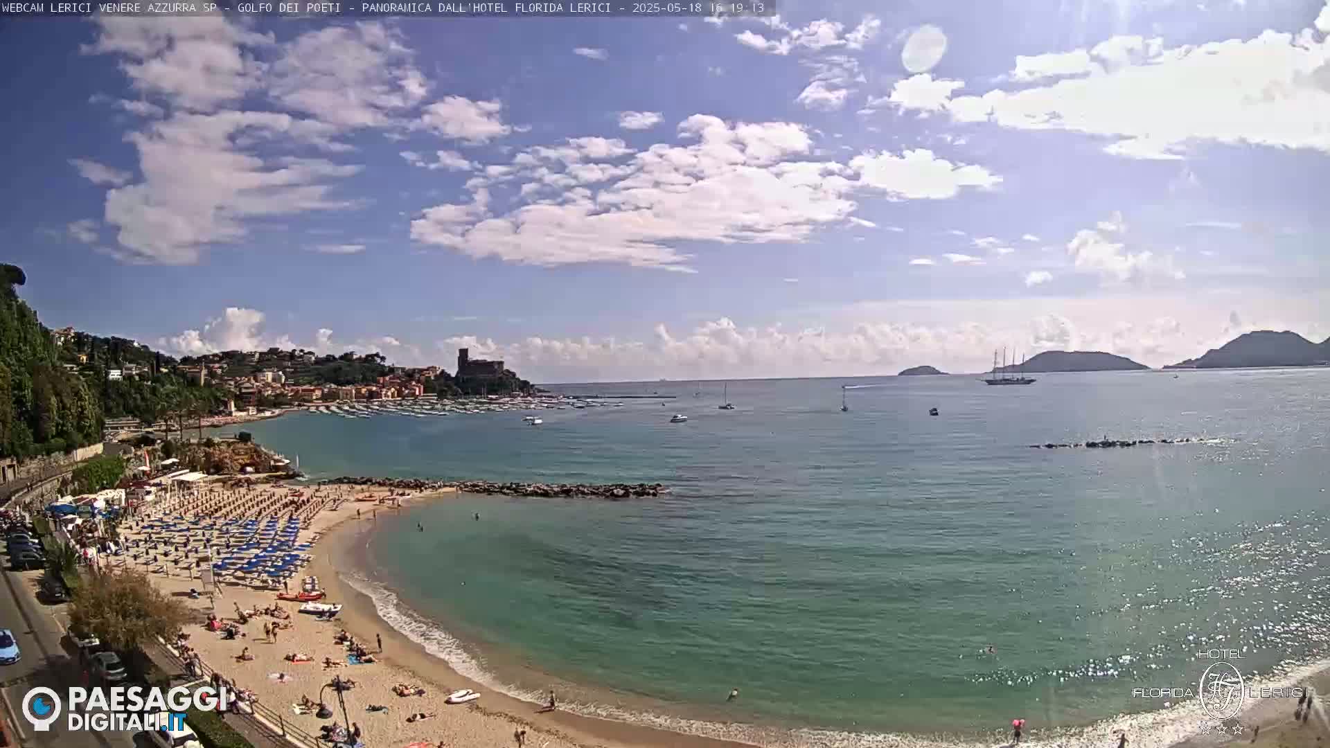 A partly sunny day shows a sandy beach with many beach umbrellas and bathers, a calm bay with boats, and a town nestled against hills in the background.
