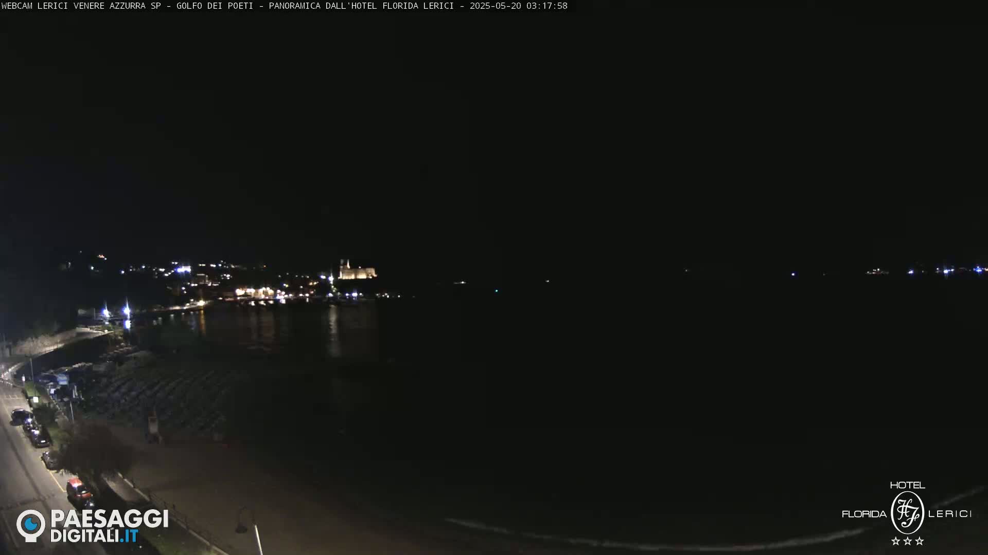A nighttime view of a dark coastline with dimly lit buildings across a body of water.