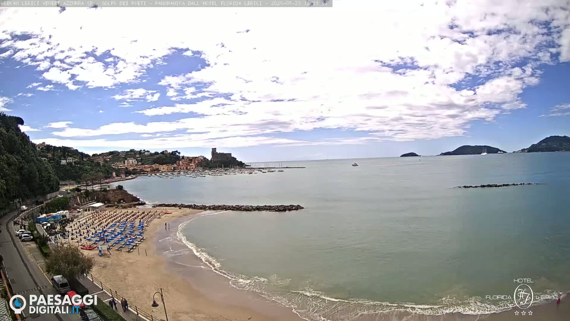 A partly cloudy day shows a sandy beach with rows of beach umbrellas, a calm sea with boats in the harbor, and a hilltop town with a castle in the background.