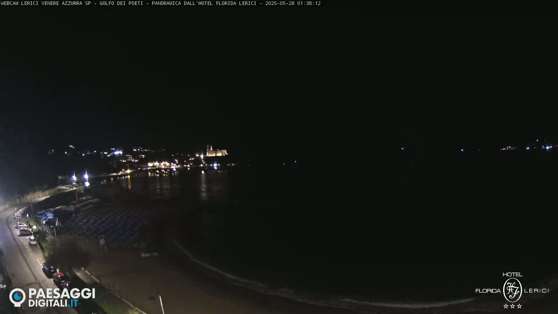 A nighttime coastal scene shows a dark beach, calm water, and a dimly lit town in the distance.