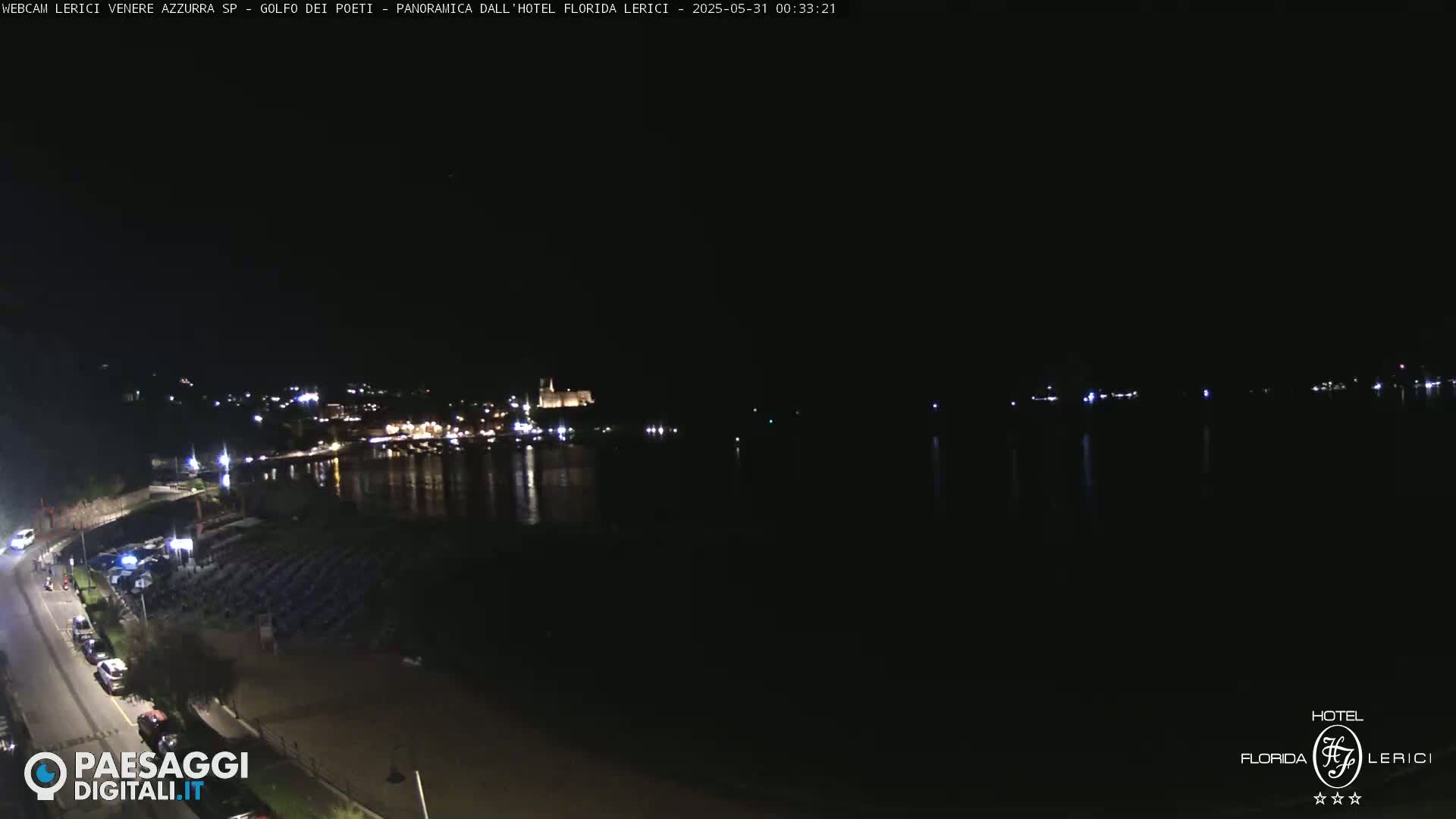 A nighttime view of a calm body of water with a town's lights illuminating the opposite shore.