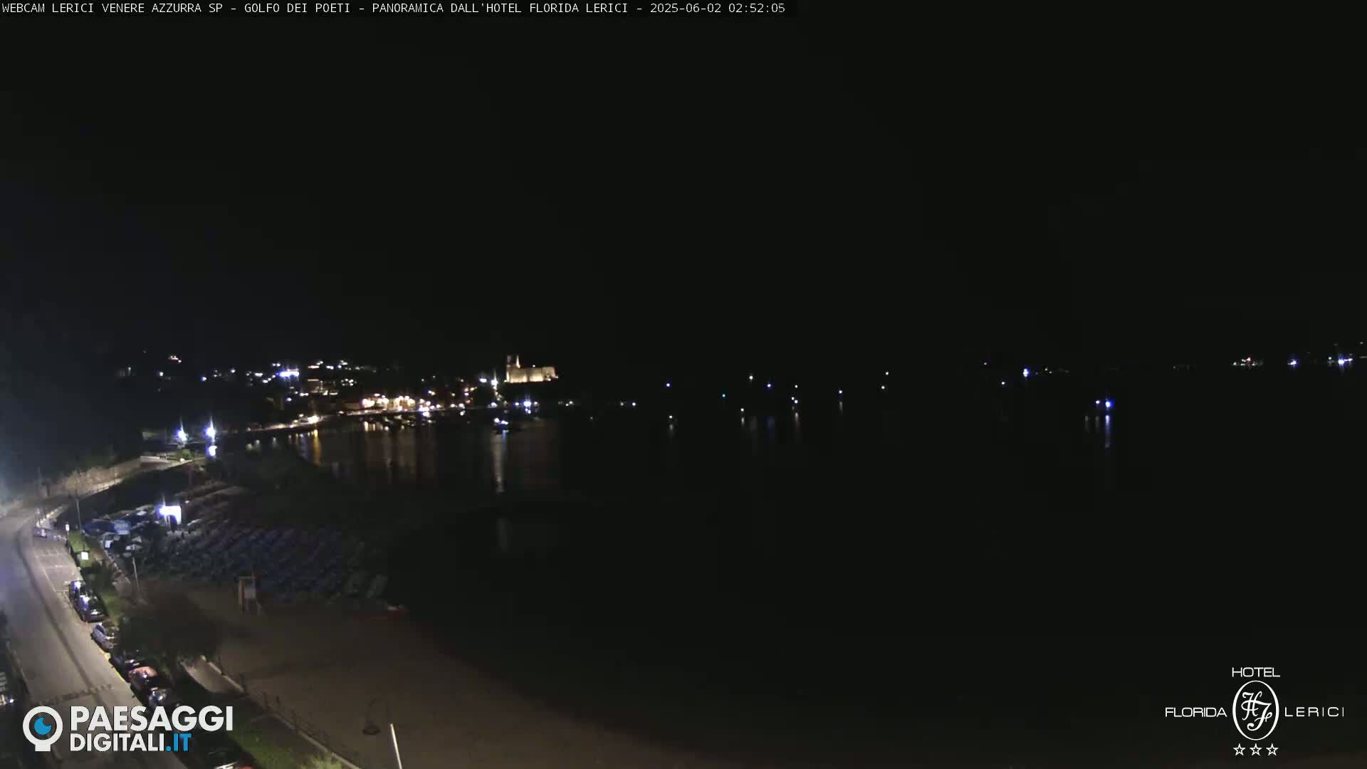 A nighttime view of a dark body of water with a dimly lit town across the water and a beach with parked cars in the foreground.