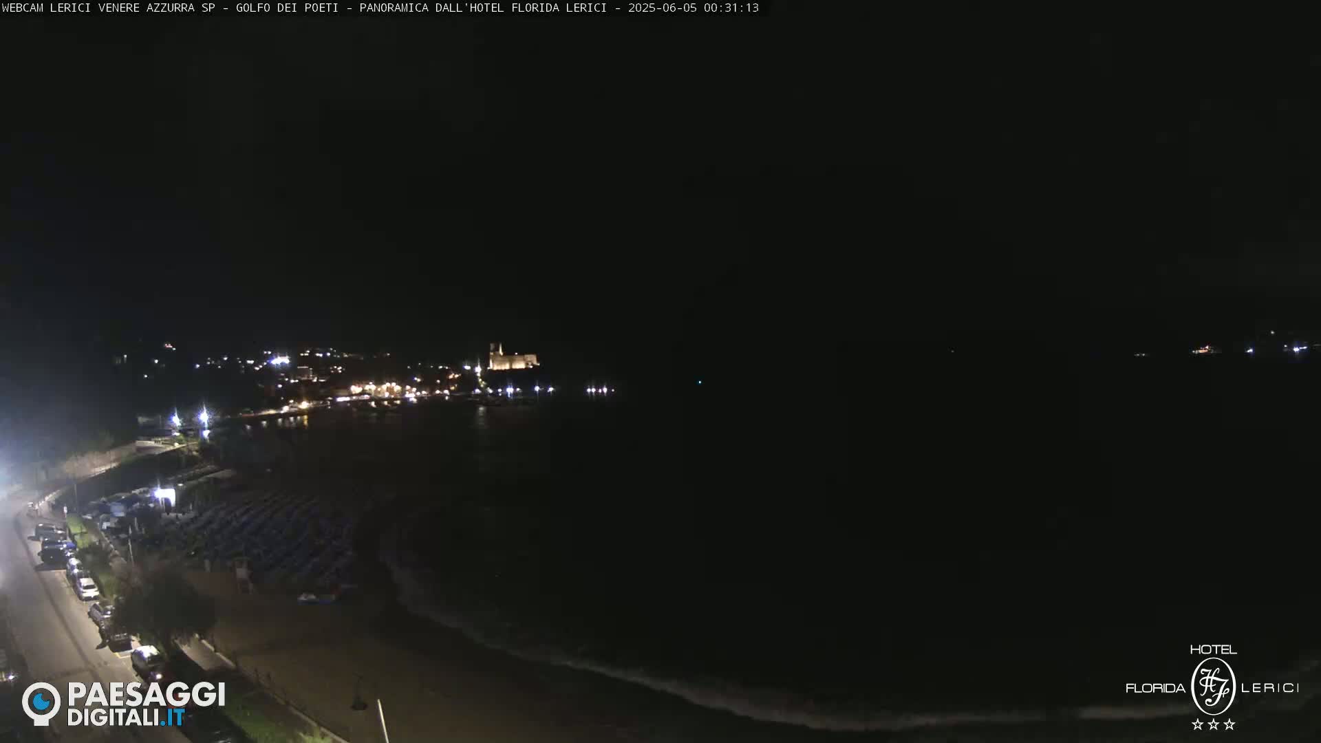 A nighttime coastal view shows a dark ocean with small waves lapping the shore near a town with scattered lights.