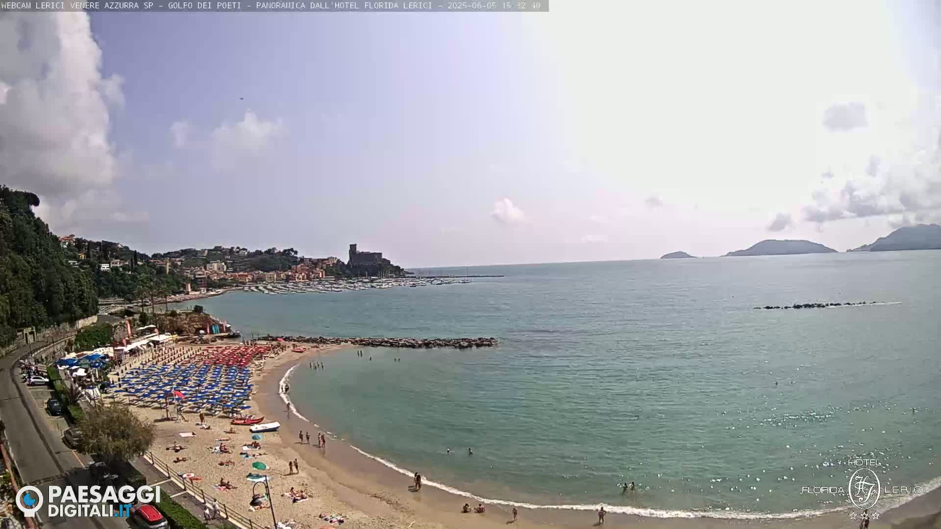 A partly cloudy day at a sandy beach cove, with calm, clear turquoise water, numerous beach umbrellas, and people swimming and sunbathing.
