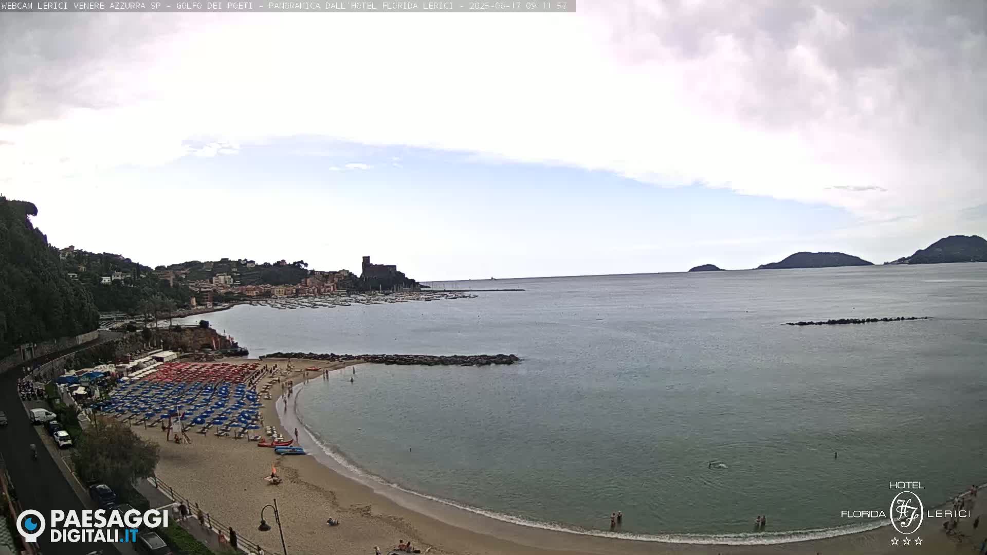 A mostly cloudy day shows a sandy beach with umbrellas and people, a calm bay with boats, and hills in the distance.