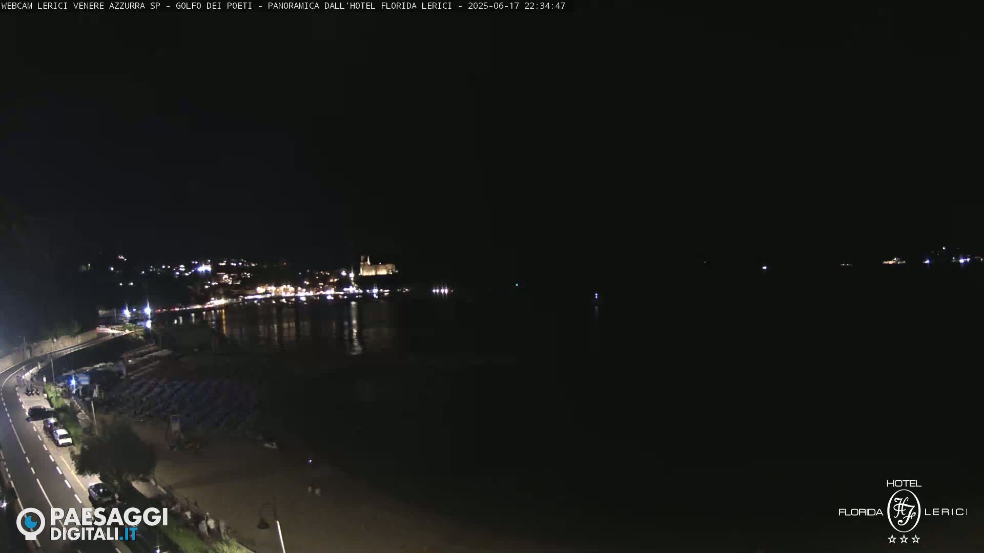 A nighttime view of a dark coastline with a town illuminated across a calm body of water.