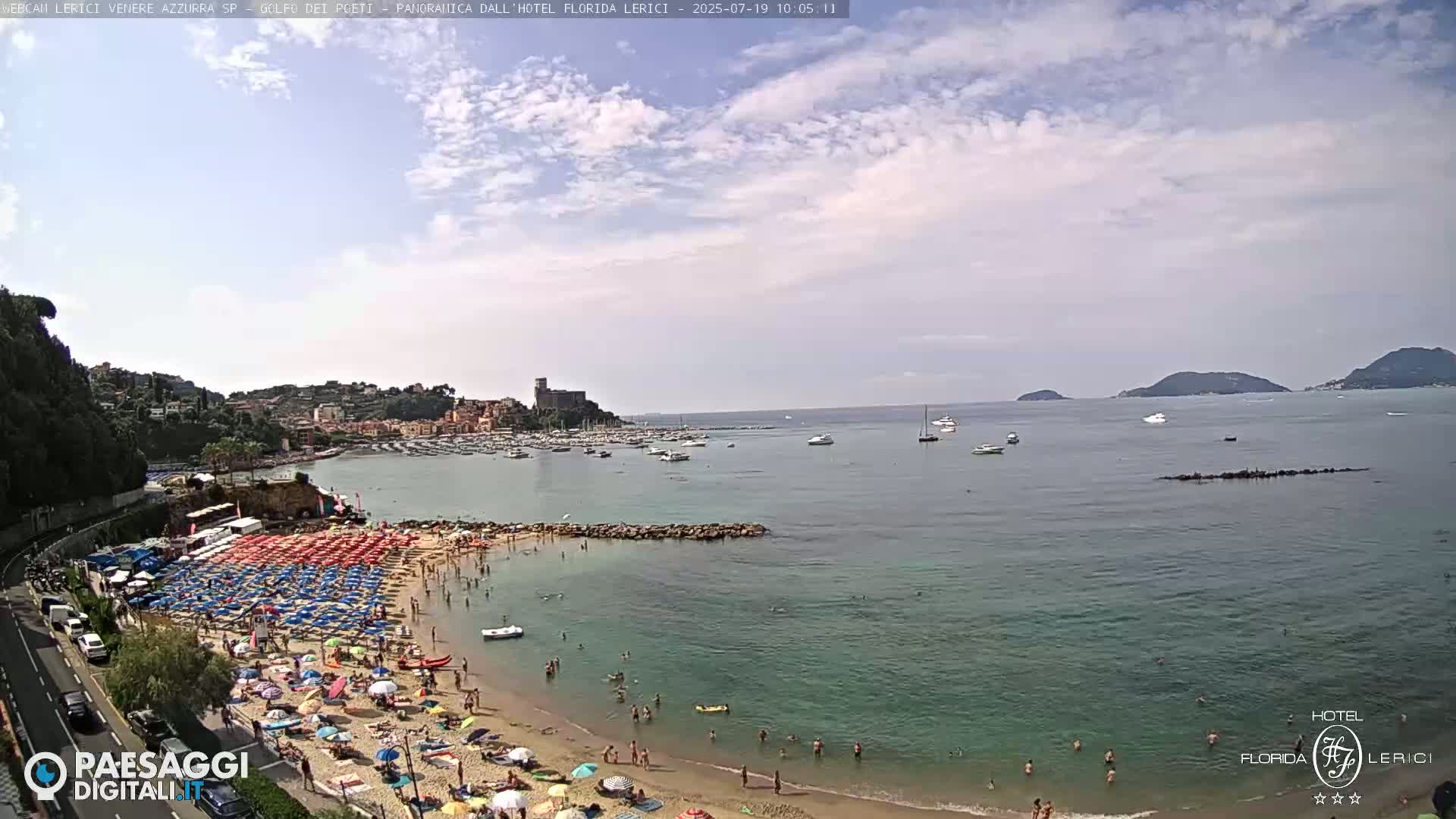 A partly cloudy day at a crowded beach with numerous colorful umbrellas, boats in the bay, and hills in the distance.