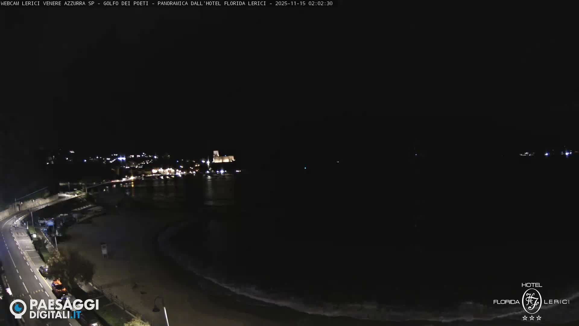 A clear night reveals a brightly lit coastal town and a prominent castle across a calm bay with gentle waves, bordered by a winding shoreline road.