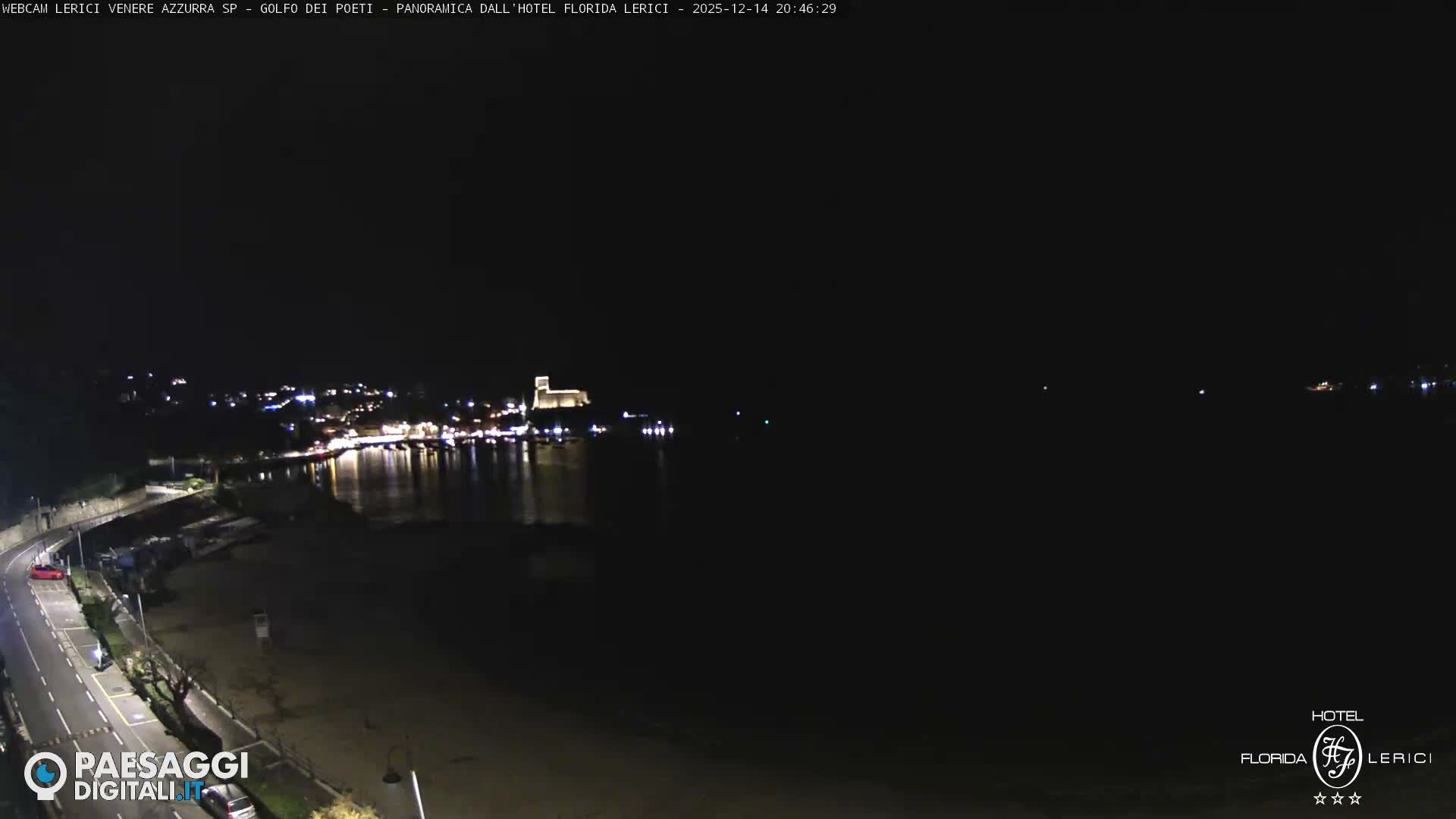 Under an overcast sky, a wide view captures a coastal town with a sandy beach, a harbor, a hilltop castle, and a calm sea dotted with distant islands.